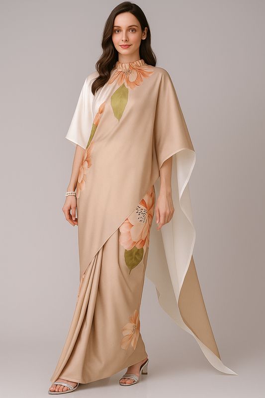 Elegant Beige Floral Fusion Free-hand Saree with Cape Drape