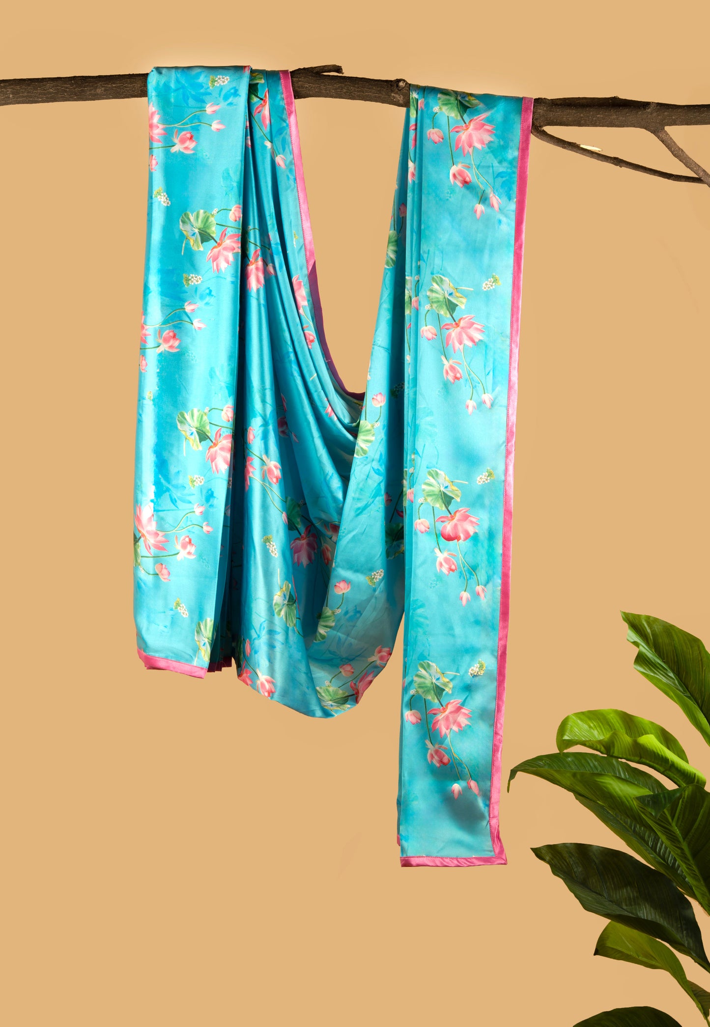Sky Blue And Pink Floral Pattern with Pink Border READY TO WEAR Satin Saree