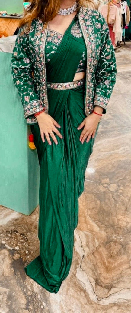 Designer Embroidered Ready-to-Wear Saree with Jacket – Glam Fusion Look