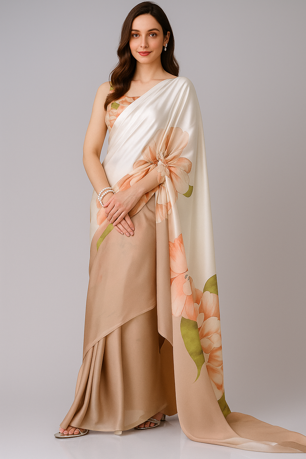 Elegant Beige Floral Fusion Free-hand Saree with Cape Drape