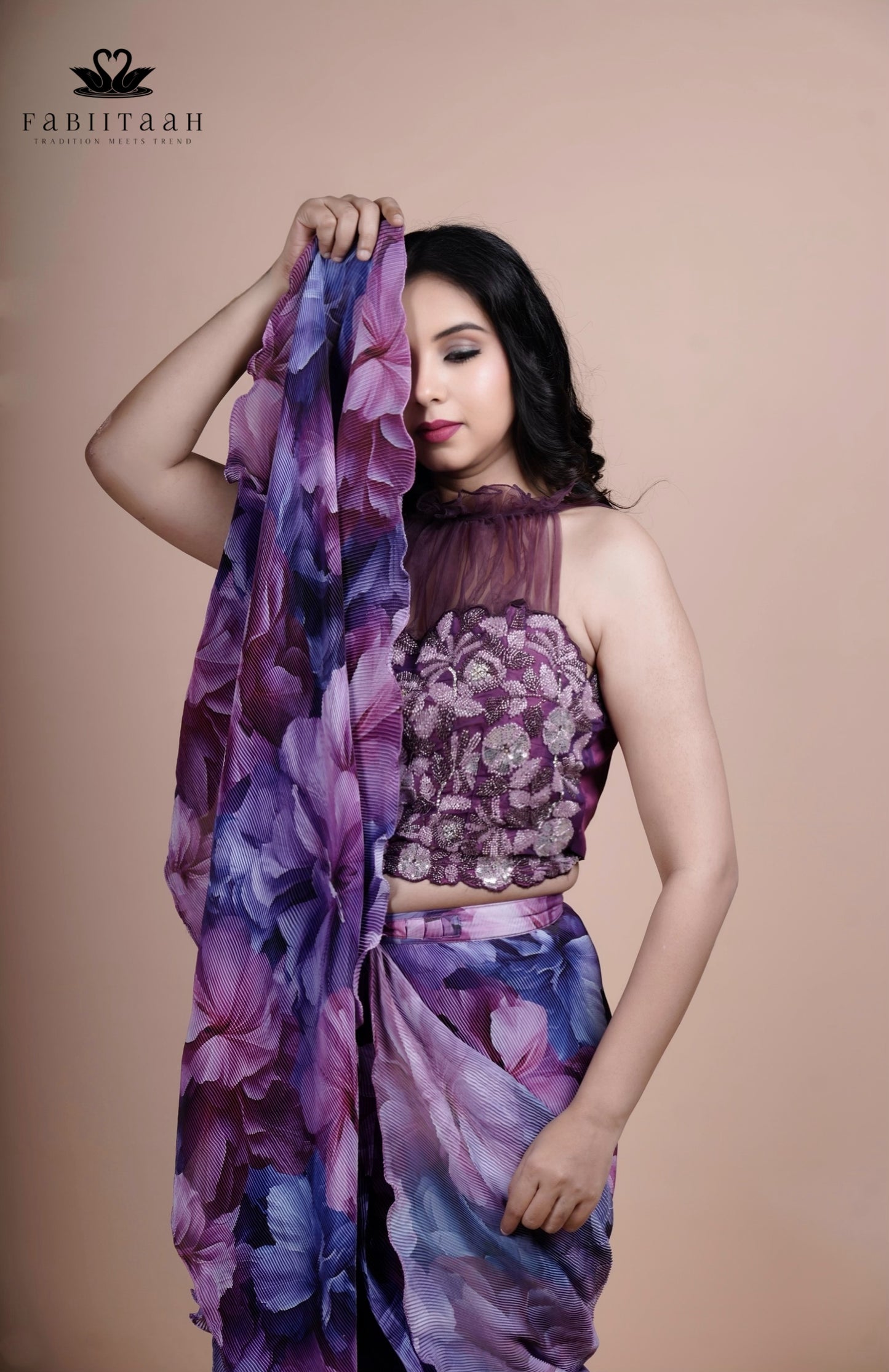 Purple Bloom Floral Ready-to-Wear Saree with Net Neck Embroidered Blouse ( sleeves attached )