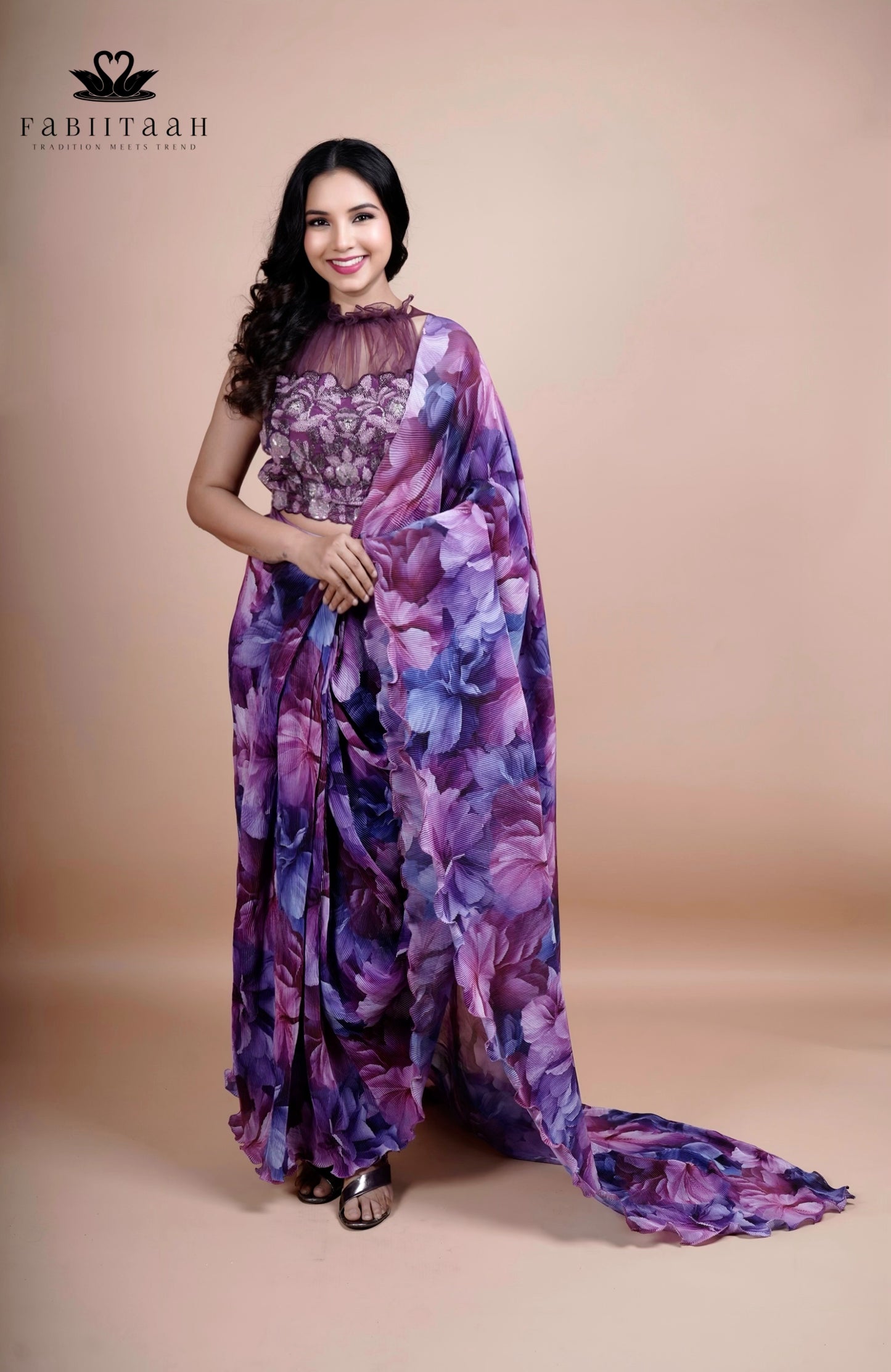 Purple Bloom Floral Ready-to-Wear Saree with Net Neck Embroidered Blouse ( sleeves attached )