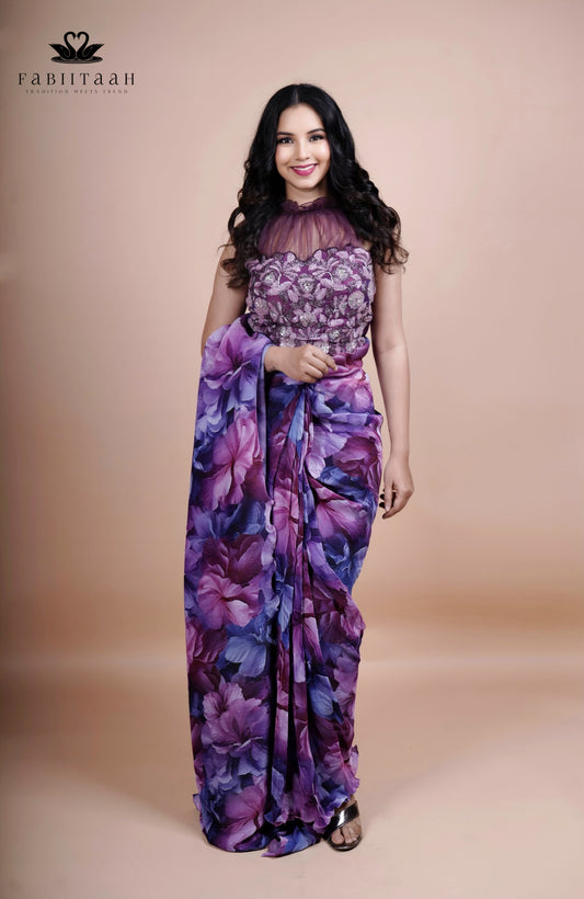 Purple Bloom Floral Ready-to-Wear Saree with Net Neck Embroidered Blouse ( sleeves attached )