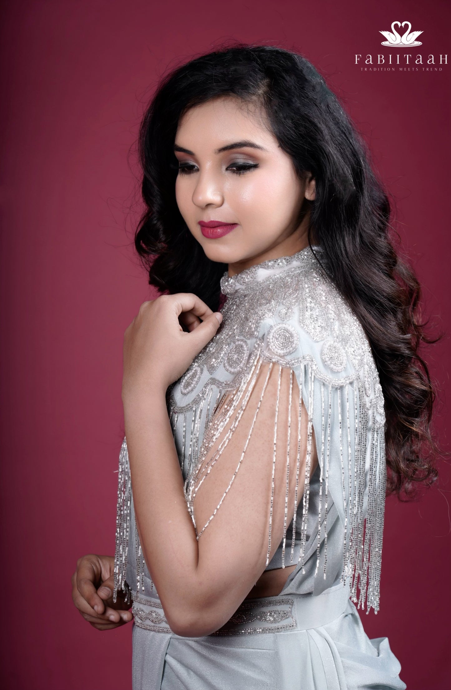 Pastel Grey Silver Ready-to-Wear Party Saree with Embellished Cape Blouse