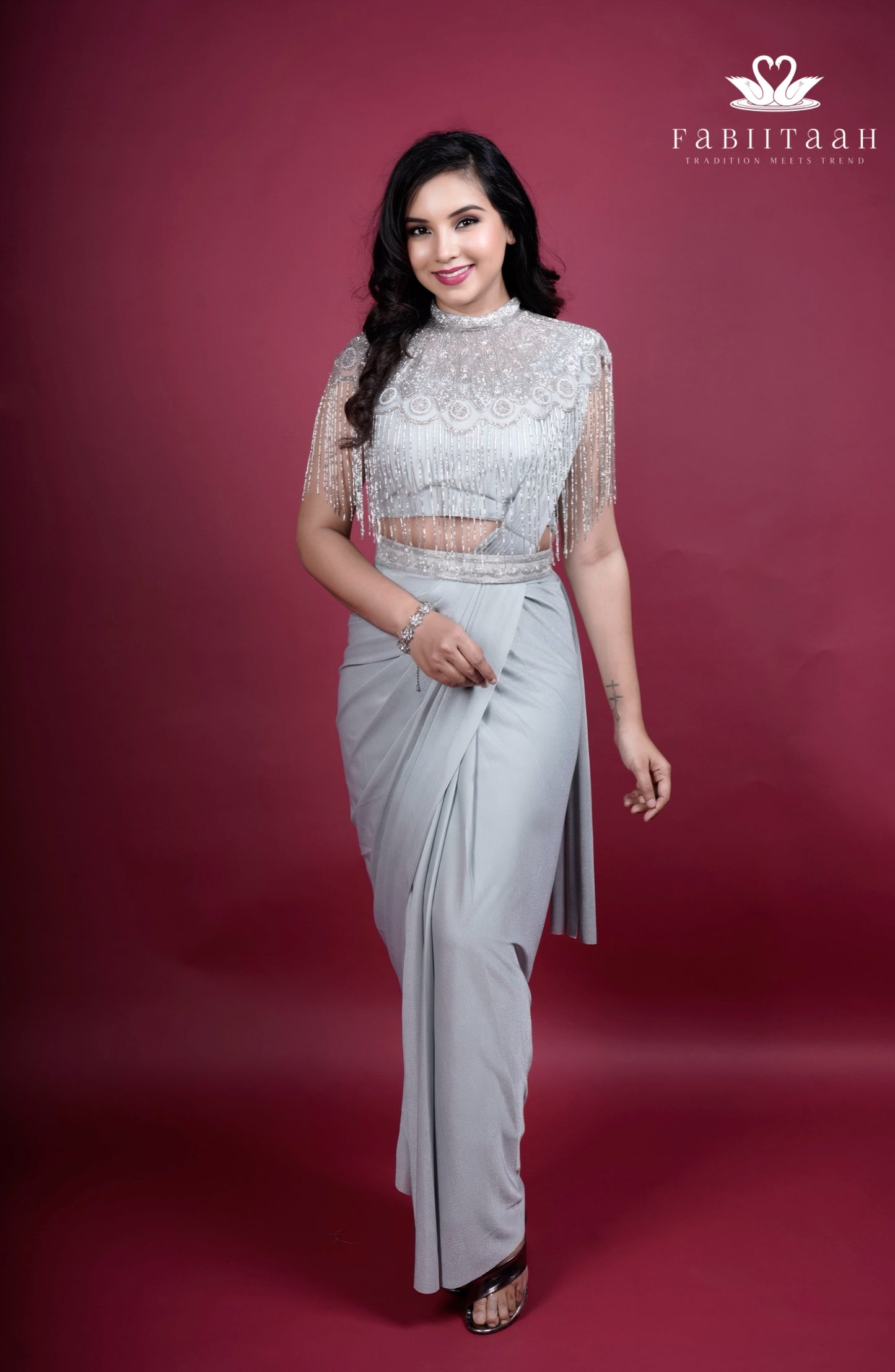 Pastel Grey Silver Ready-to-Wear Party Saree with Embellished Cape Blouse