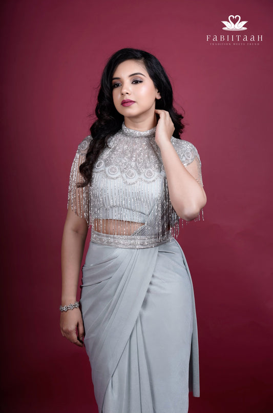 Pastel Grey Silver Ready-to-Wear Party Saree with Embellished Cape Blouse