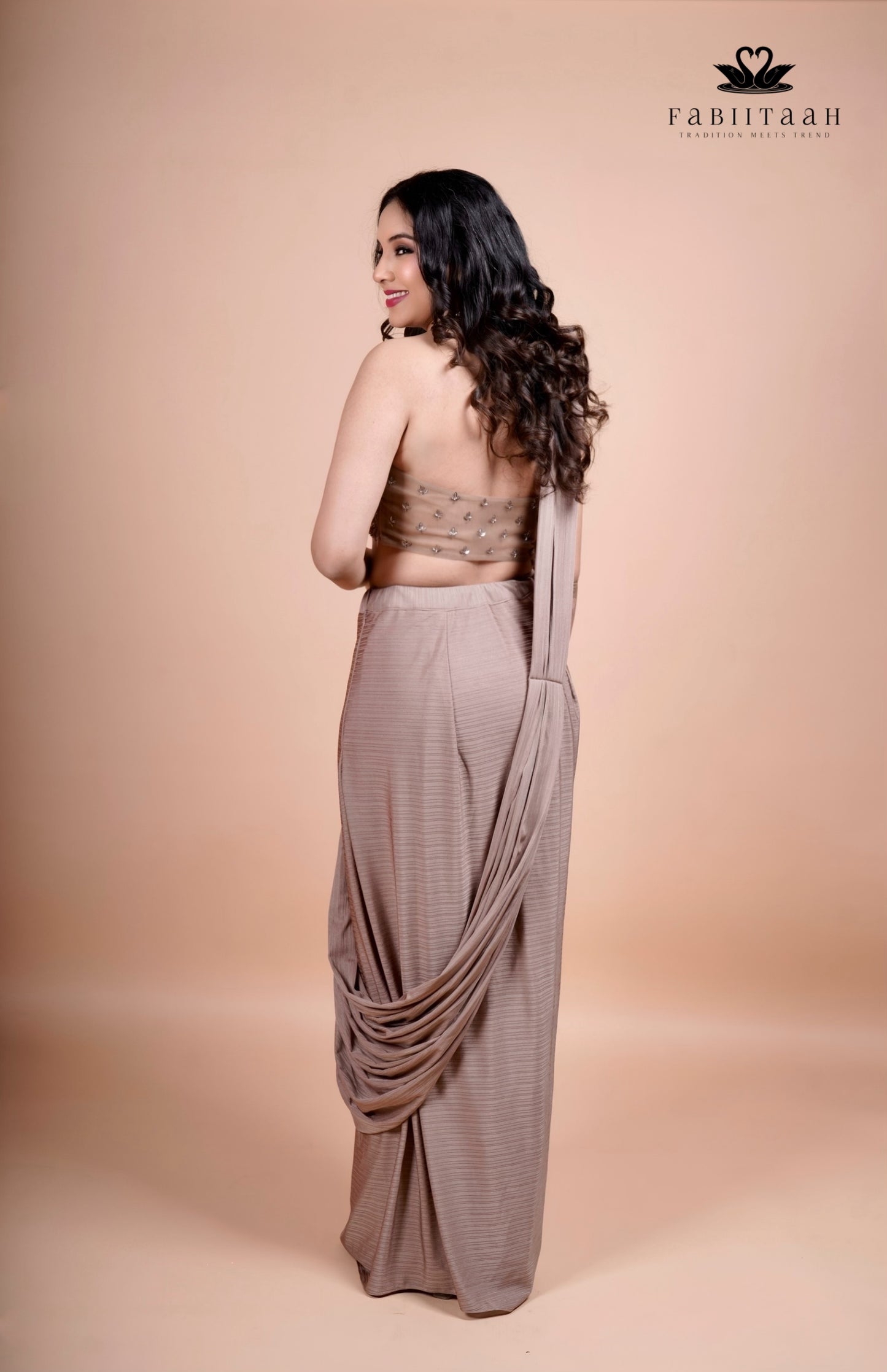 Champagne Beige Designer Ready-to-Wear Party Saree