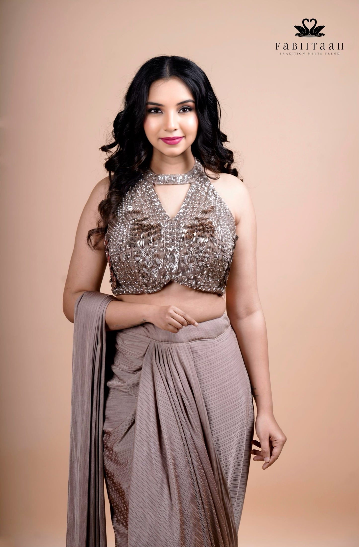 Champagne Beige Designer Ready-to-Wear Party Saree