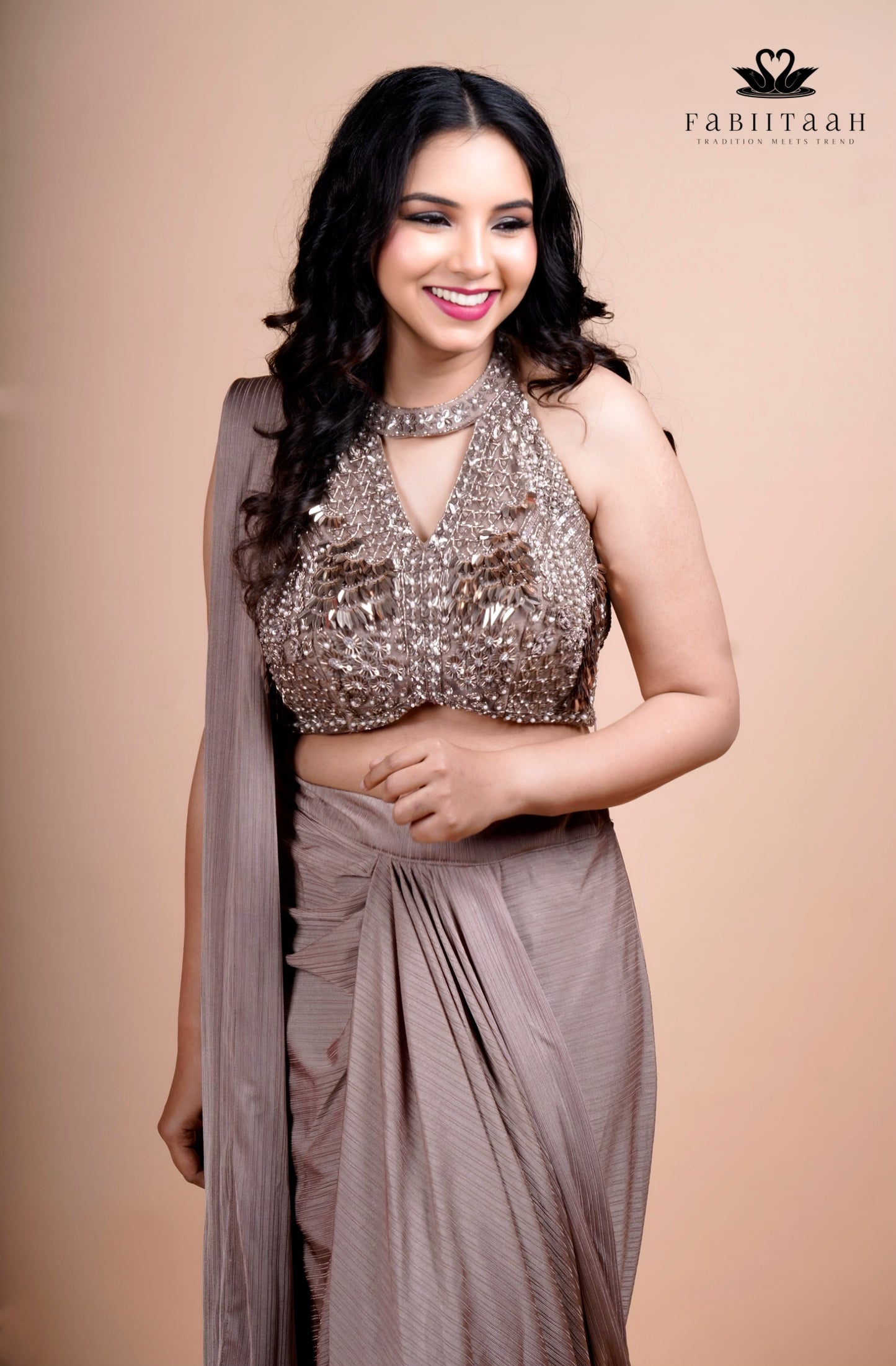 Champagne Beige Designer Ready-to-Wear Party Saree