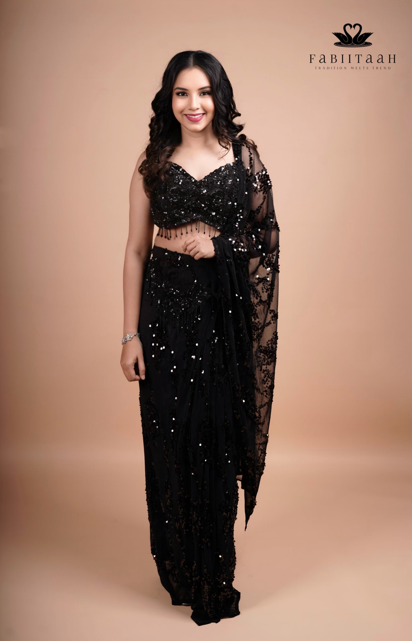 Midnight Black Sequin Embellished Designer Ready-to-Wear Party Saree