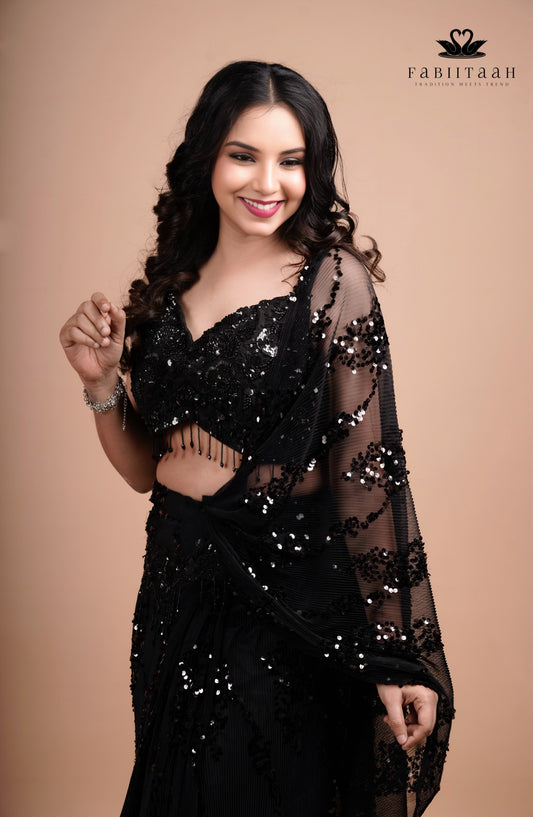 Midnight Black Sequin Embellished Designer Ready-to-Wear Party Saree