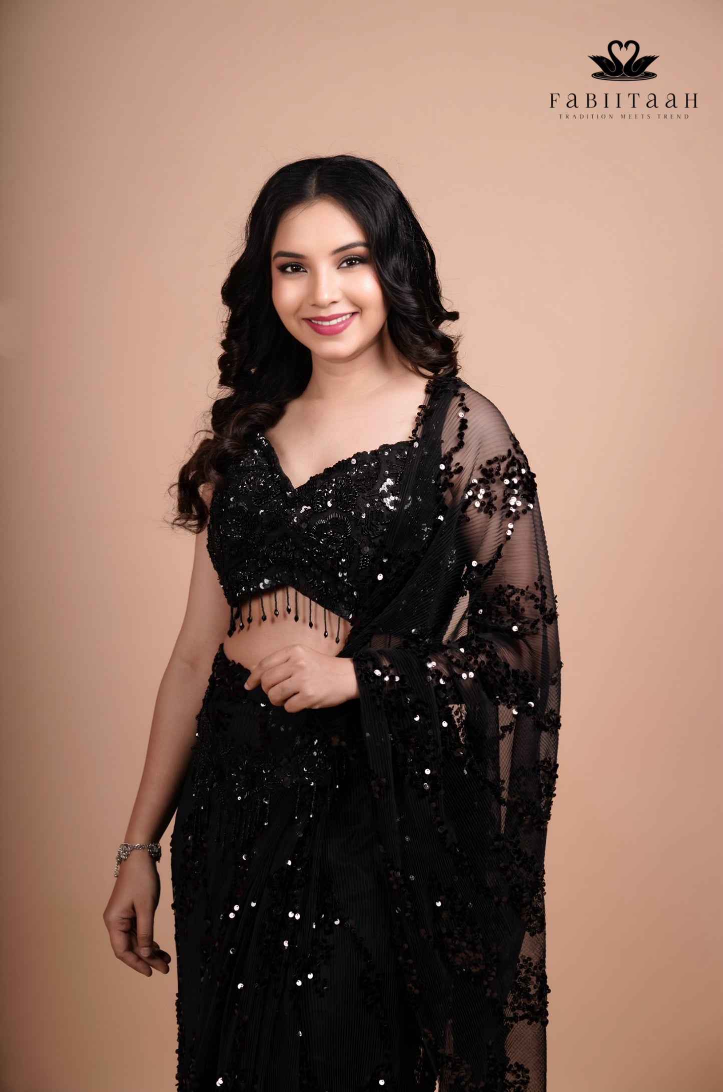 Midnight Black Sequin Embellished Designer Ready-to-Wear Party Saree