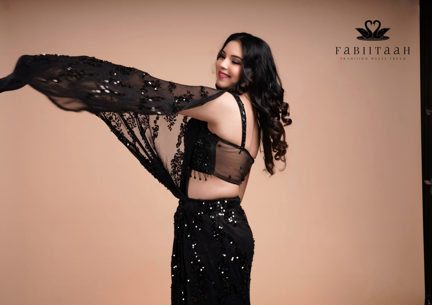 Midnight Black Sequin Embellished Designer Ready-to-Wear Party Saree