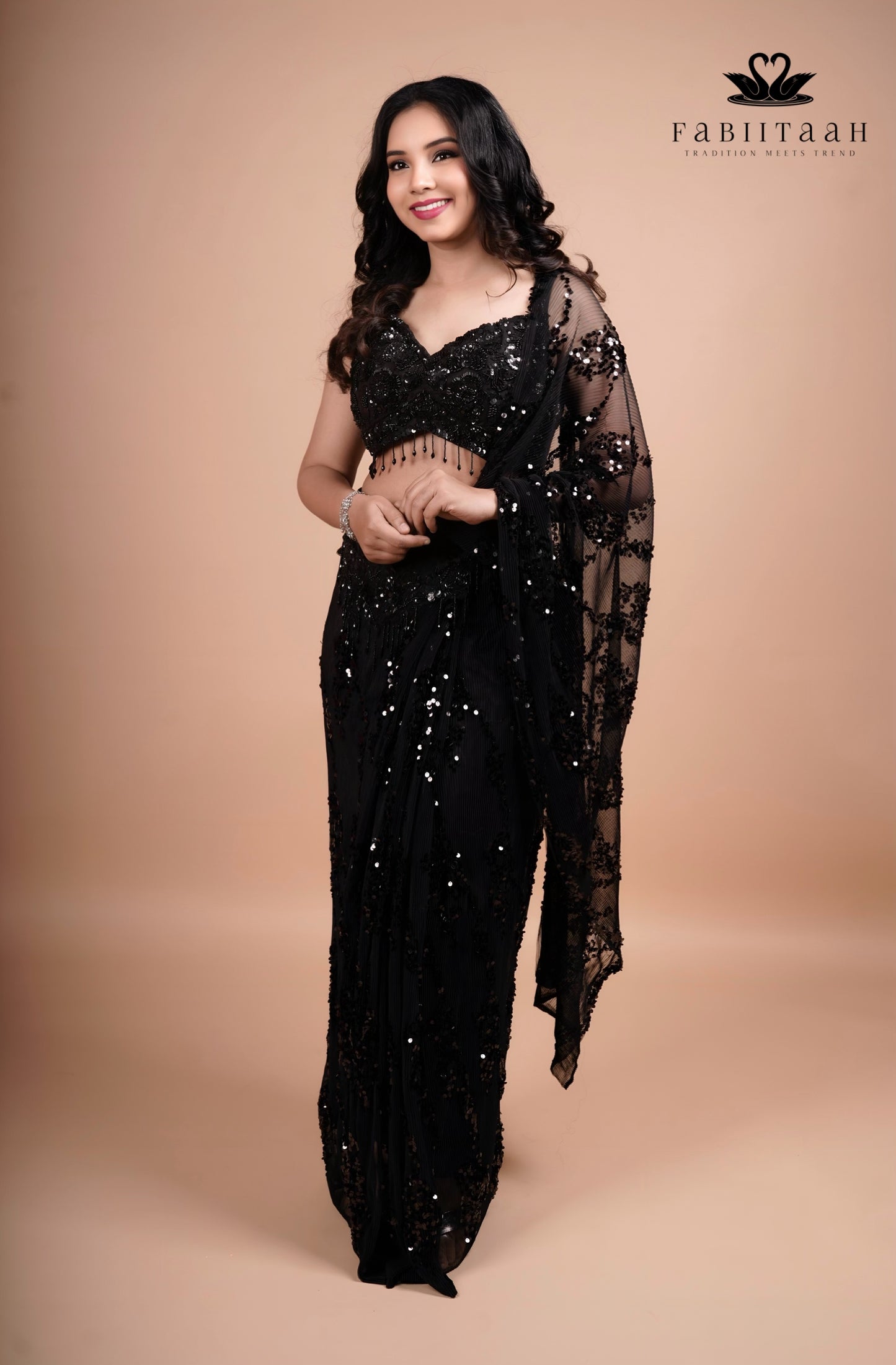 Midnight Black Sequin Embellished Designer Ready-to-Wear Party Saree