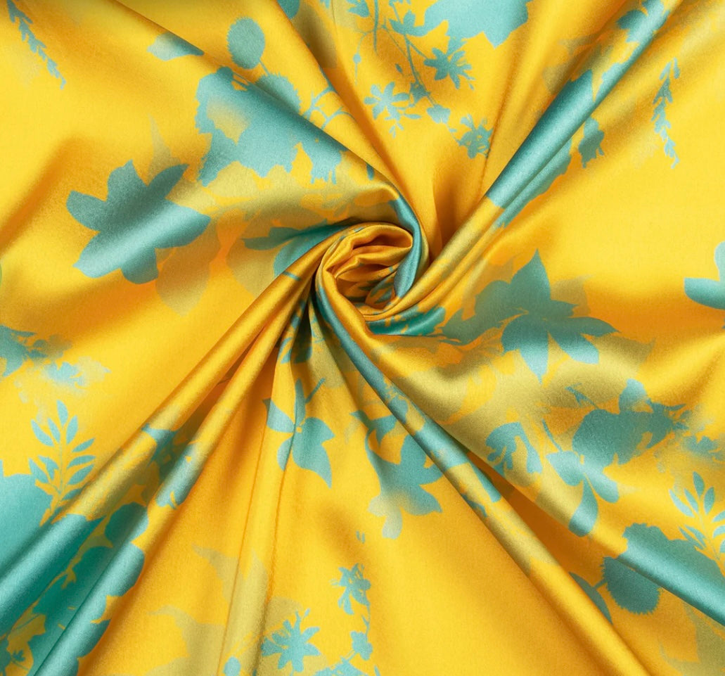 Yellow and Blue Floral Pattern with Blue Border READY TO WEAR Satin Saree