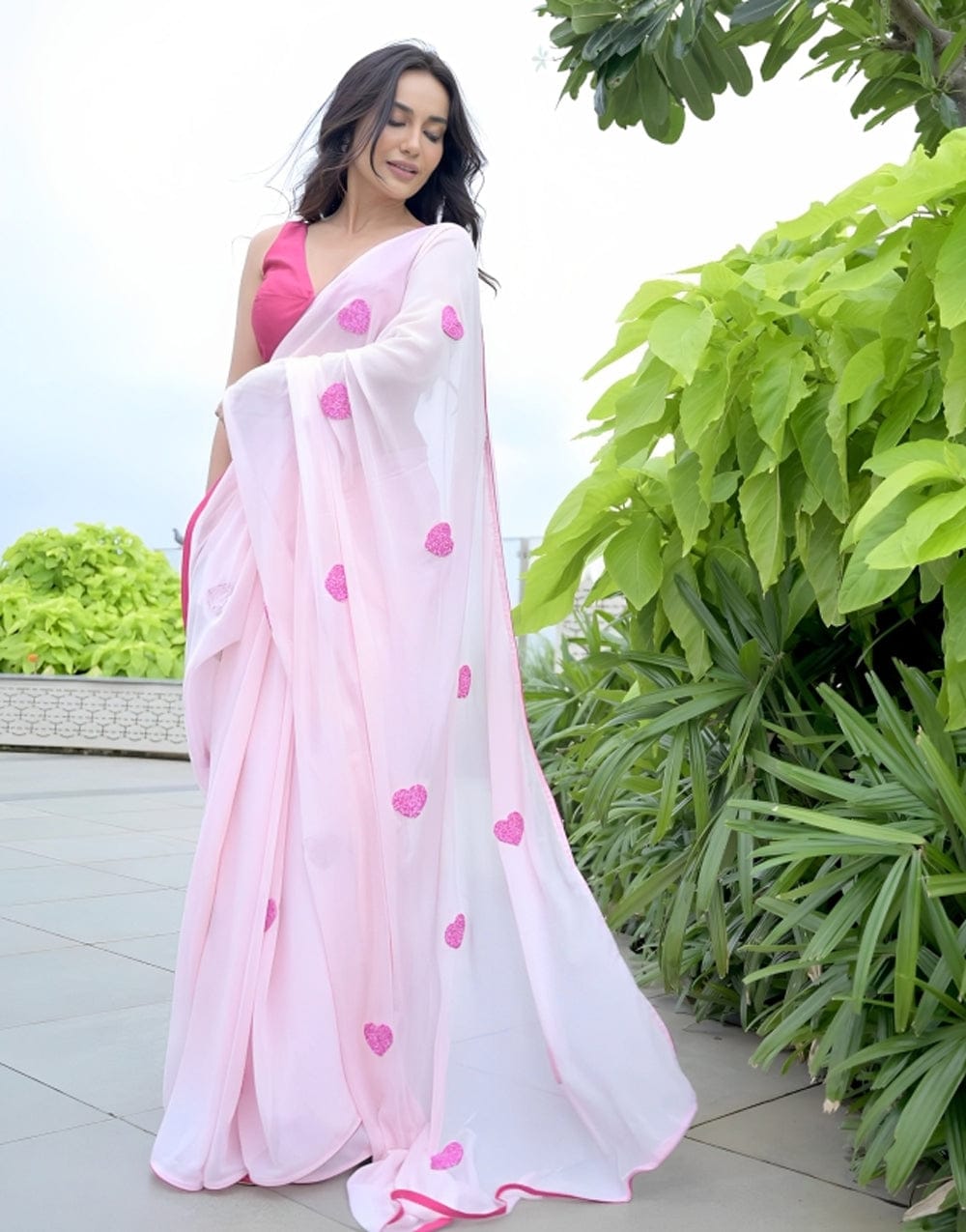 Elegant Light Pink Georgette Ready-to-Wear Saree with Heart Motif Embroidery