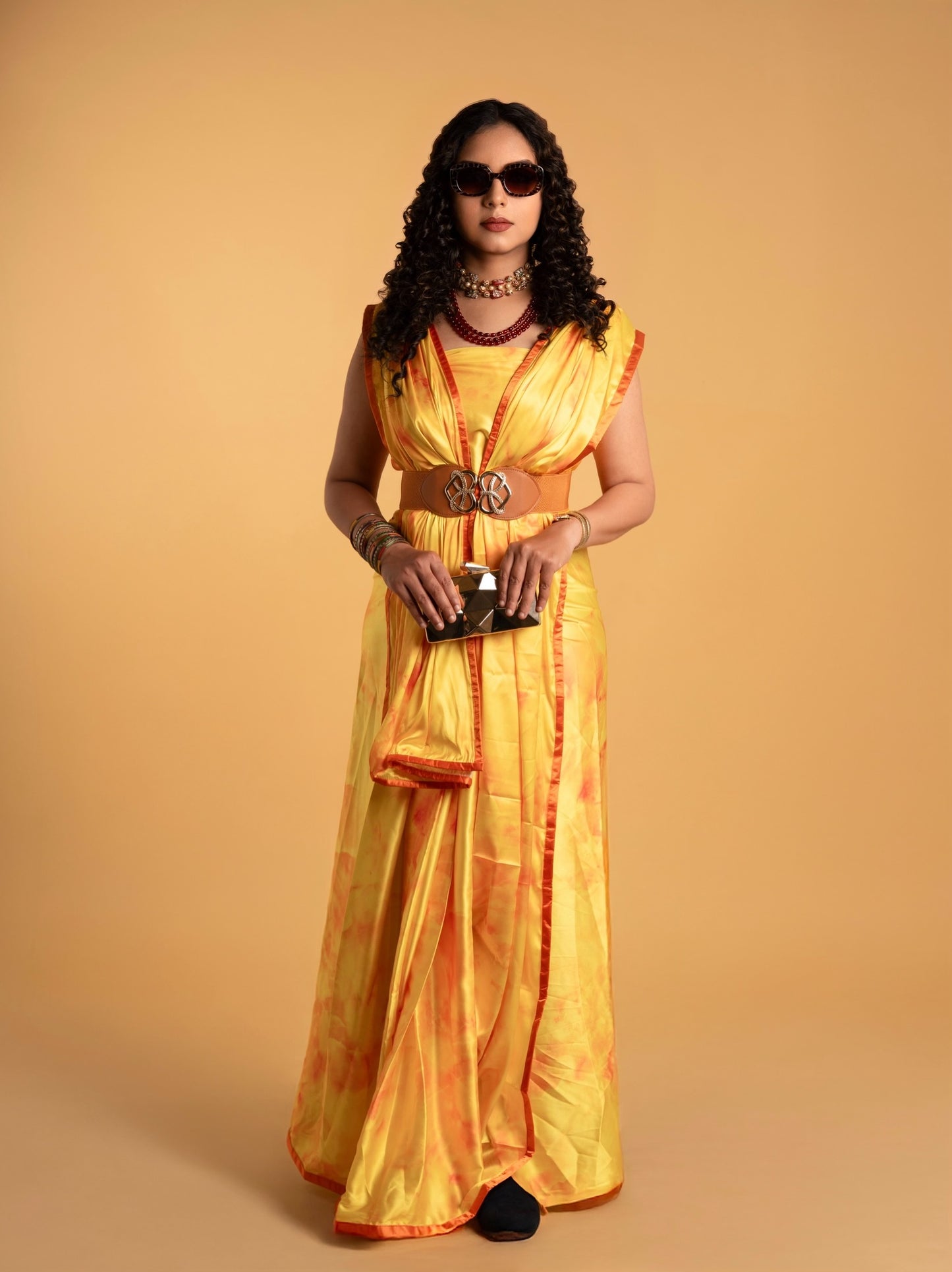 Yellow Abstract Pattern with Orange Border READY TO WEAR Satin Saree