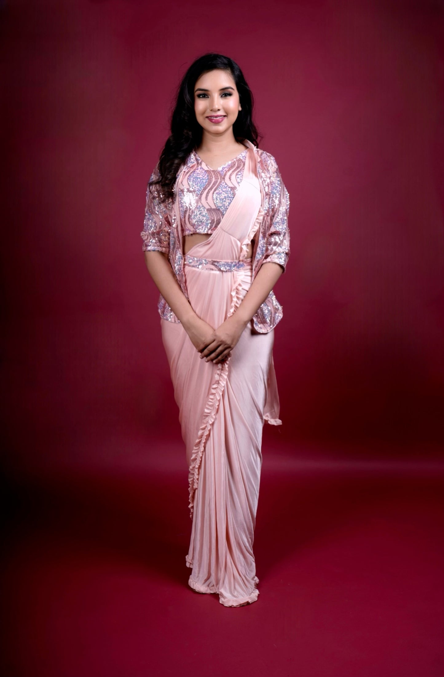 Blush Pink Ruffle Pre-Stitched Saree with Sequin Jacket