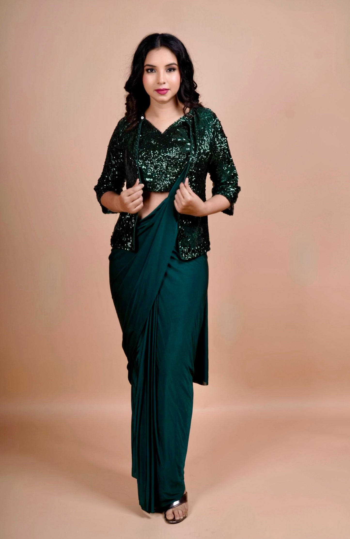 Emerald Green Pre-Stitched Saree with Sequin Jacket