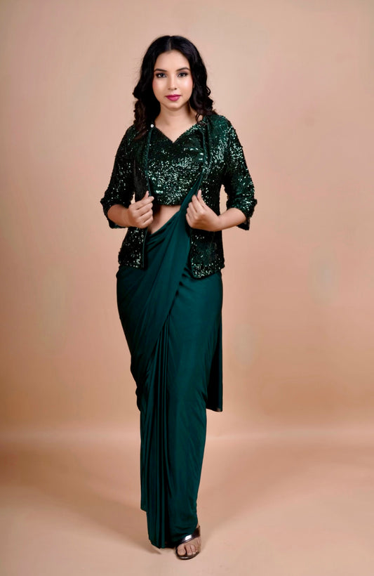 Emerald Green Pre-Stitched Saree with Sequin Jacket