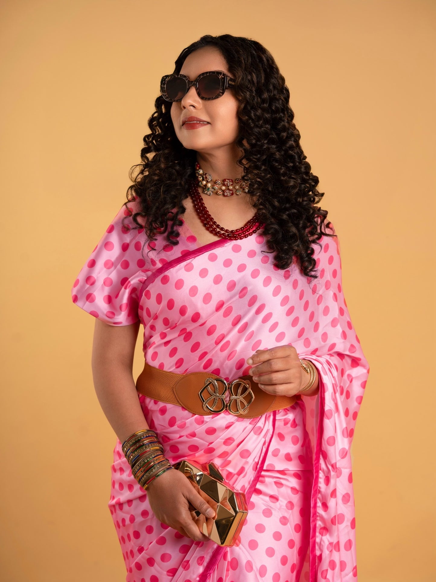 Deep Pink Polka Dots with Dark Pink Border READY TO WEAR Satin Saree