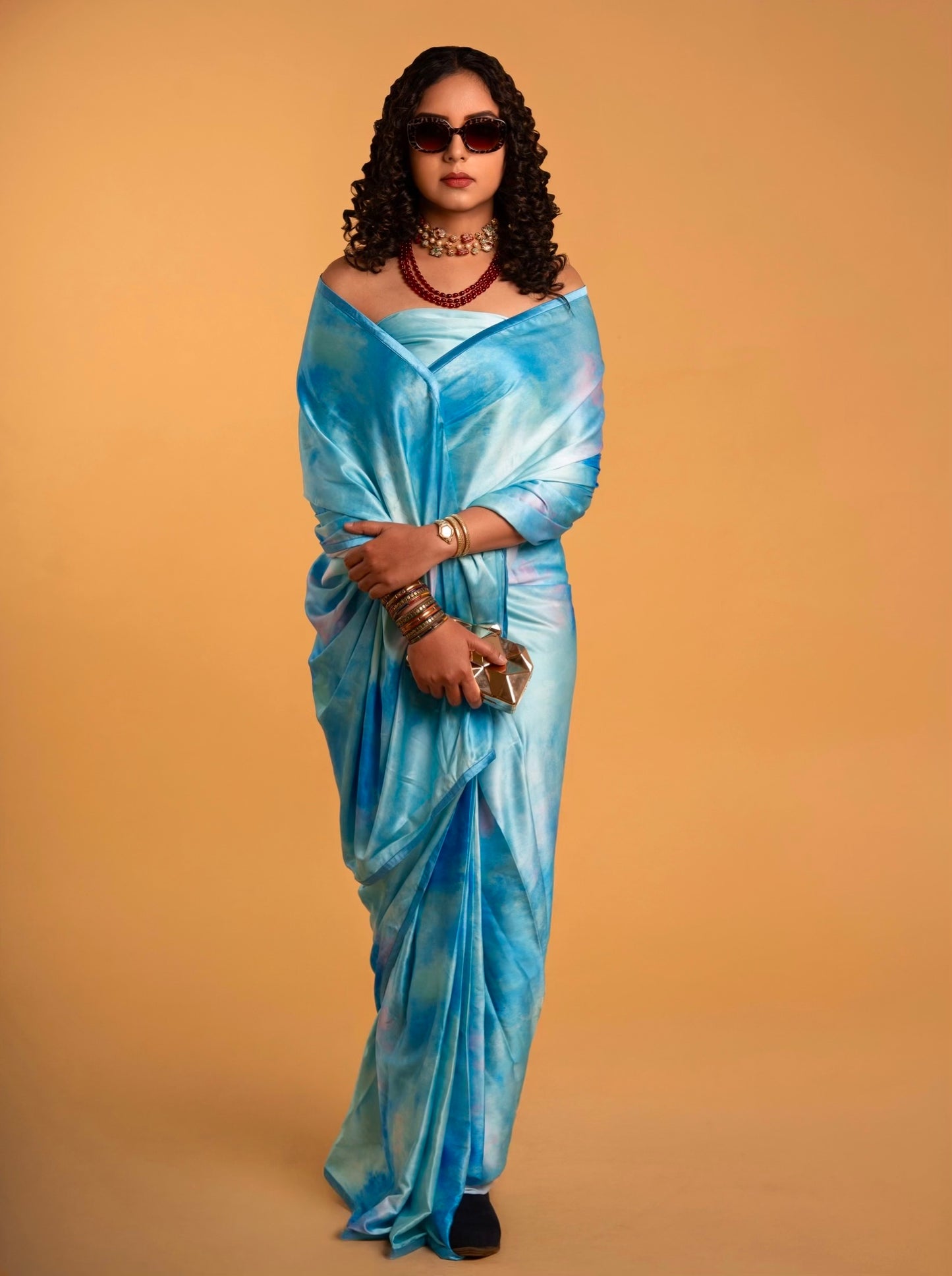 Turquoise And Blue Abstract Pattern with Blue Border READY TO WEAR Satin Saree
