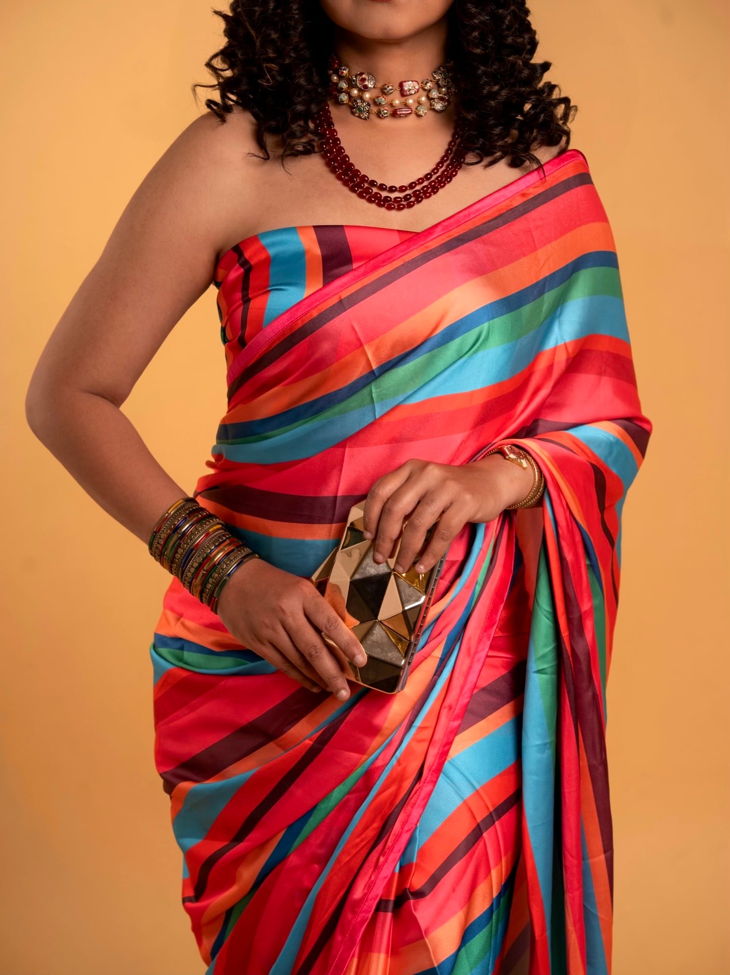 Multi-Color Stripes Pattern with Pink Border READY TO WEAR Satin Saree