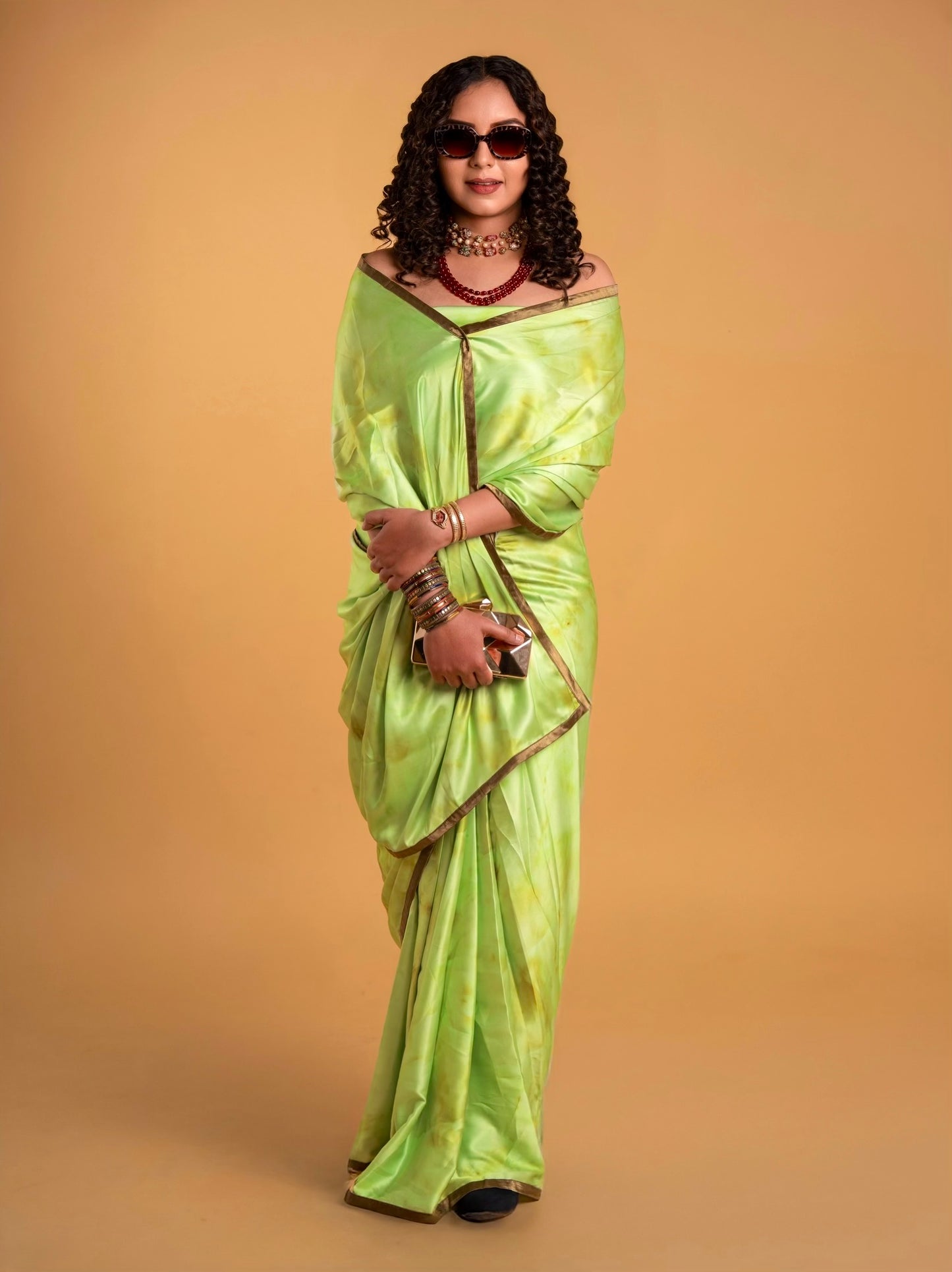 Lime Green Tye And Dye Pattern with Olive Green Border READY TO WEAR Satin Saree