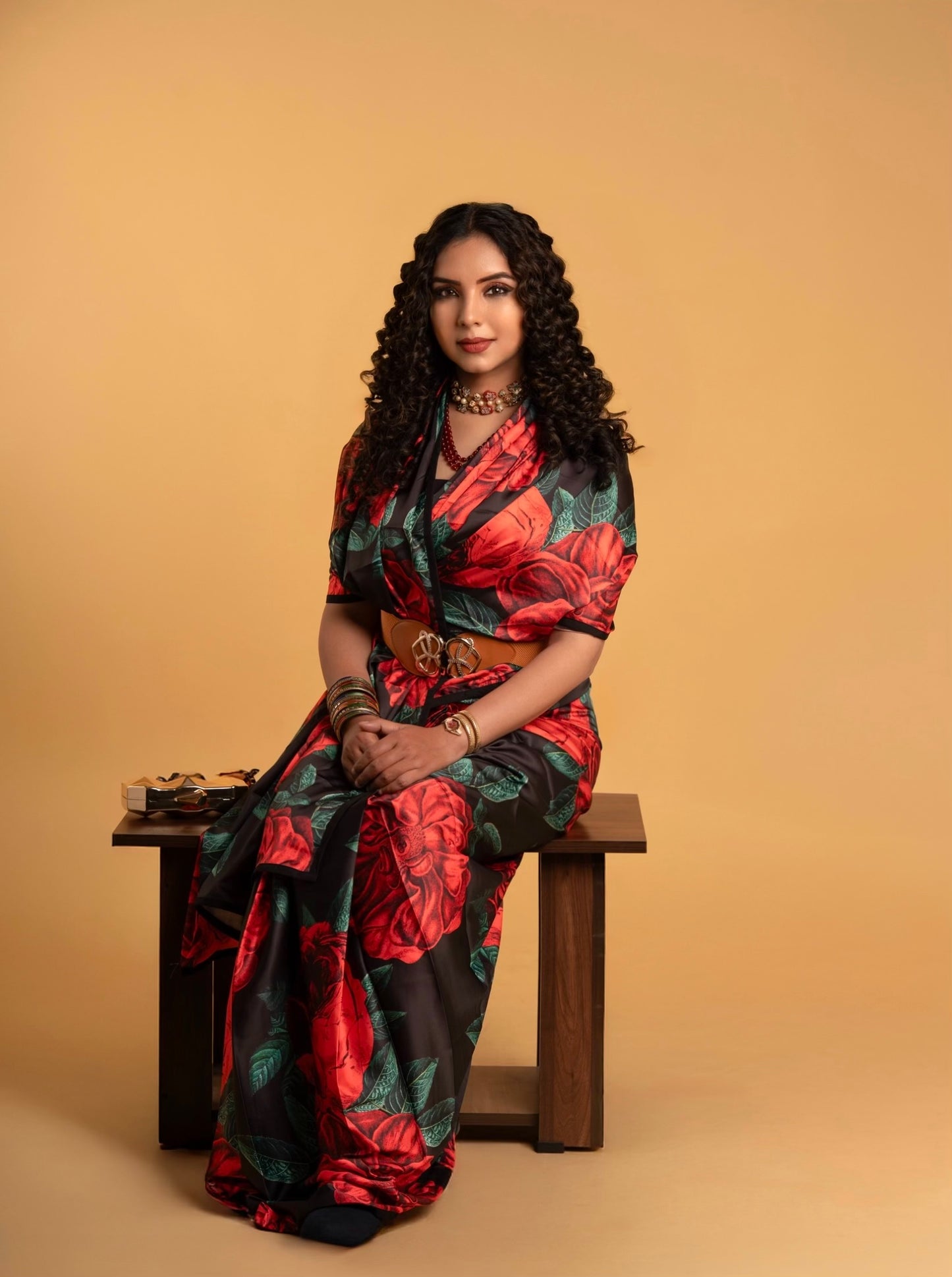 Black And Red Floral Pattern with Black Border READY TO WEAR Satin Saree