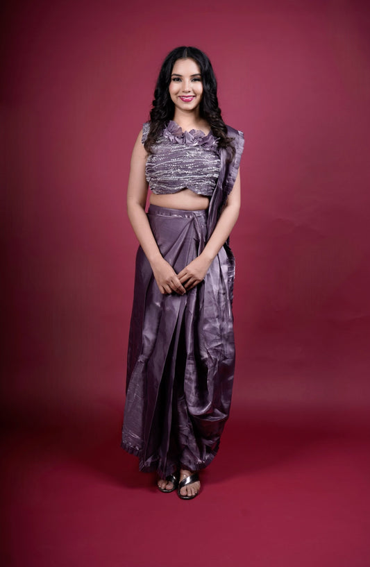 Designer Pre-Draped Jimmy Choo Saree with Embellished Blouse (sleeves attached)