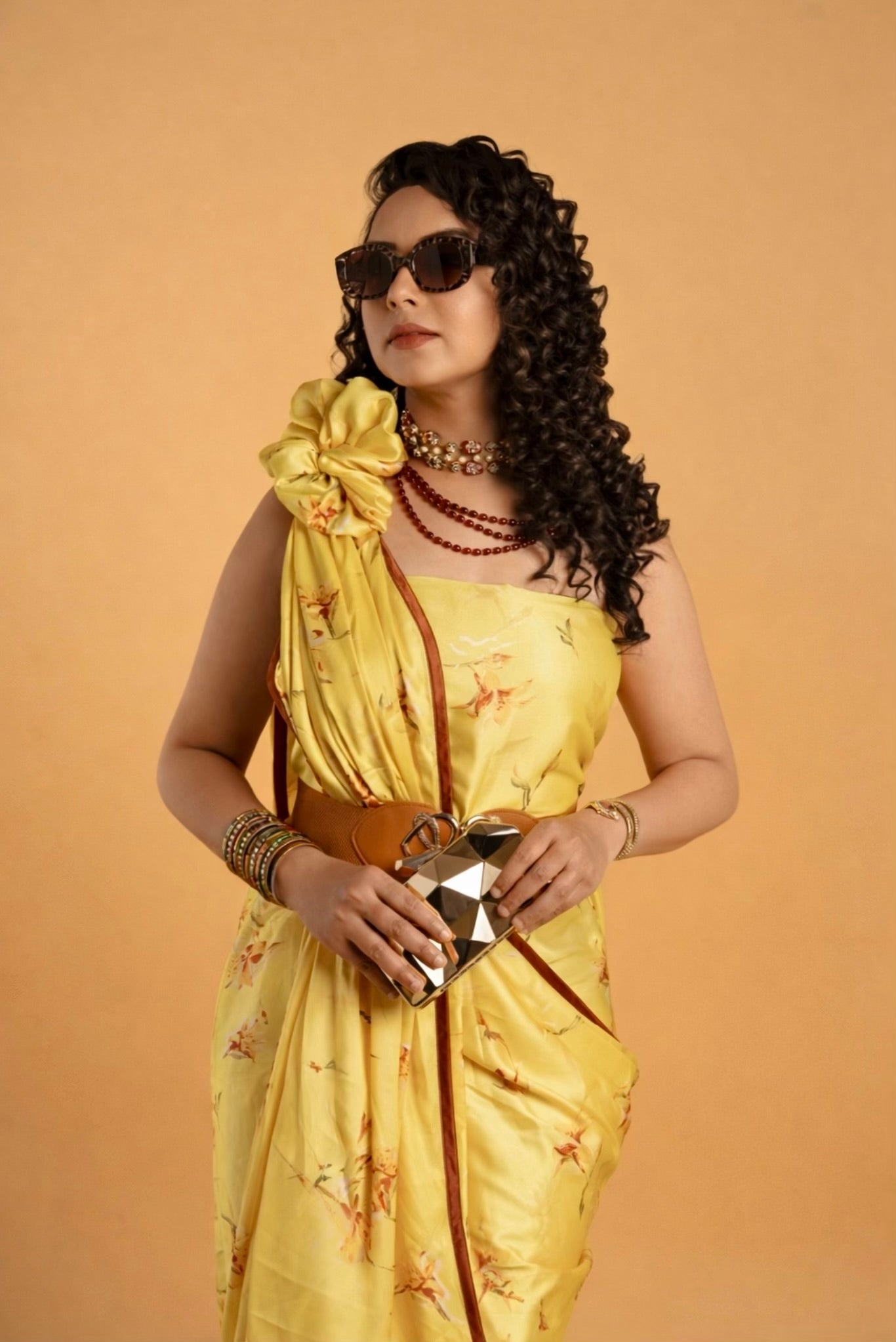 Bumblebee Yellow Floral Pattern with Olive Green Border READY TO WEAR Satin Saree