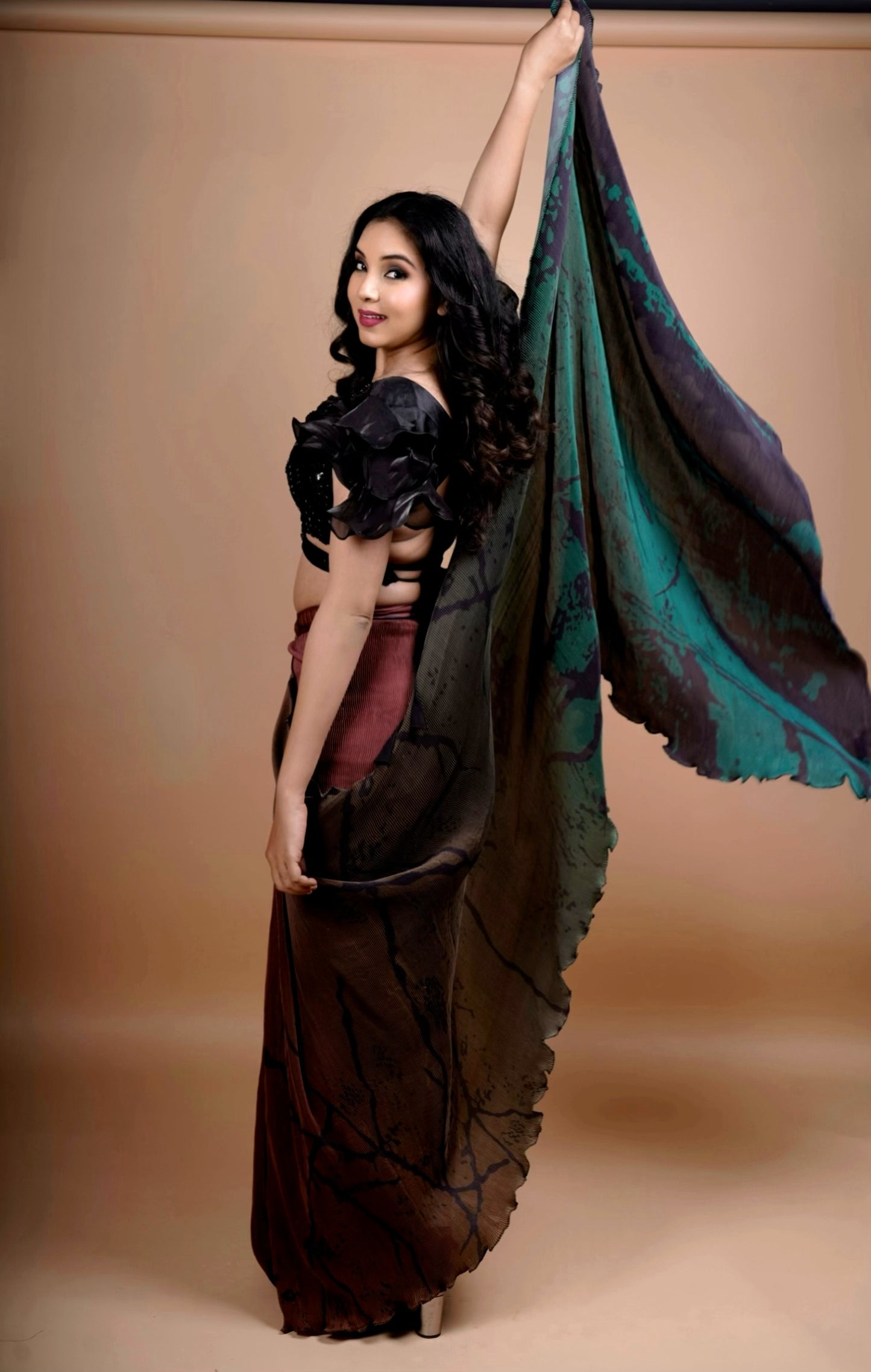 Midnight Forest Abstract Ready-to-Wear Saree with Black Sequin Blouse