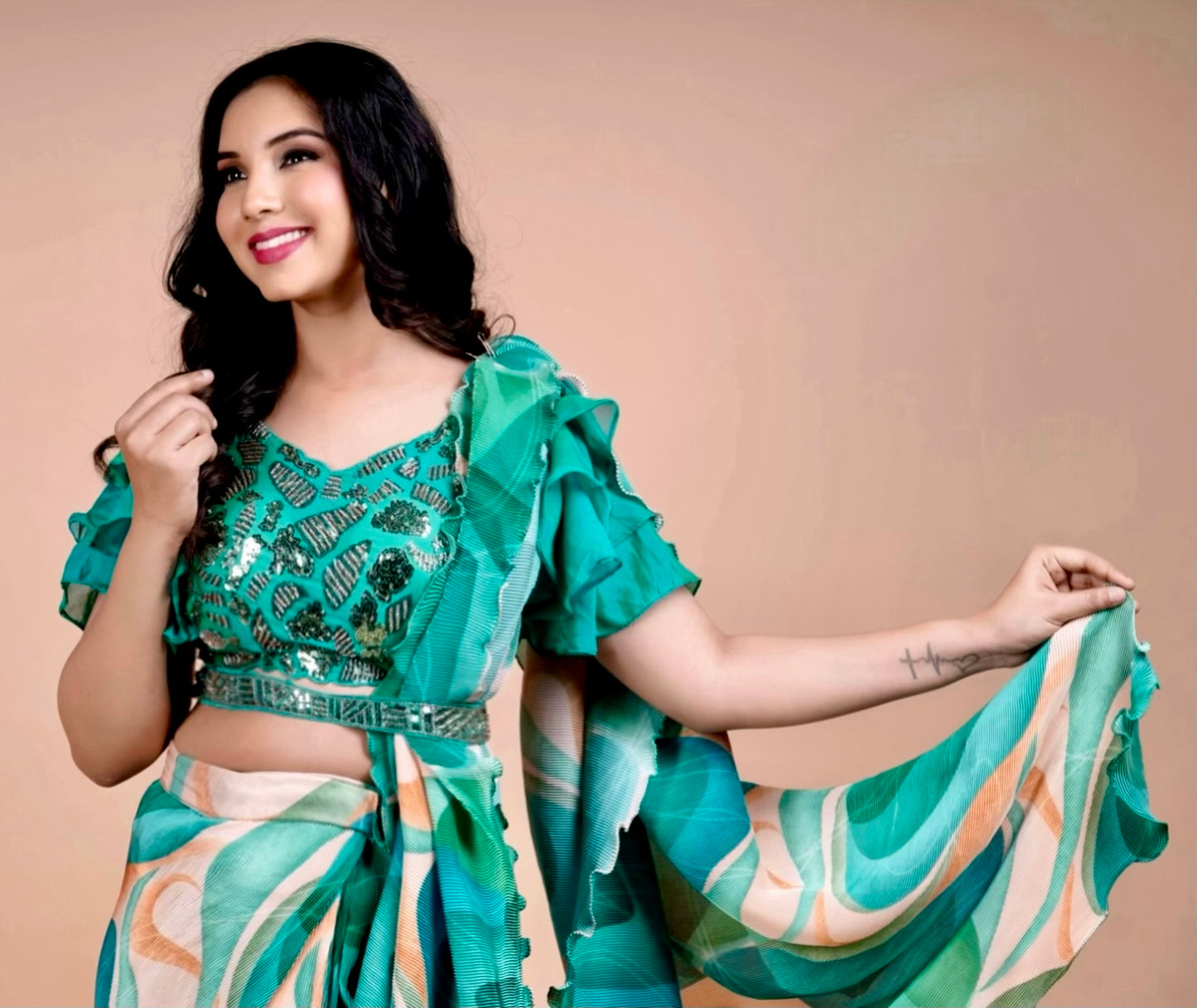 Tropical Bloom Green Printed Ready-to-Wear Saree with Sequin Ruffle Sleeve Blouse