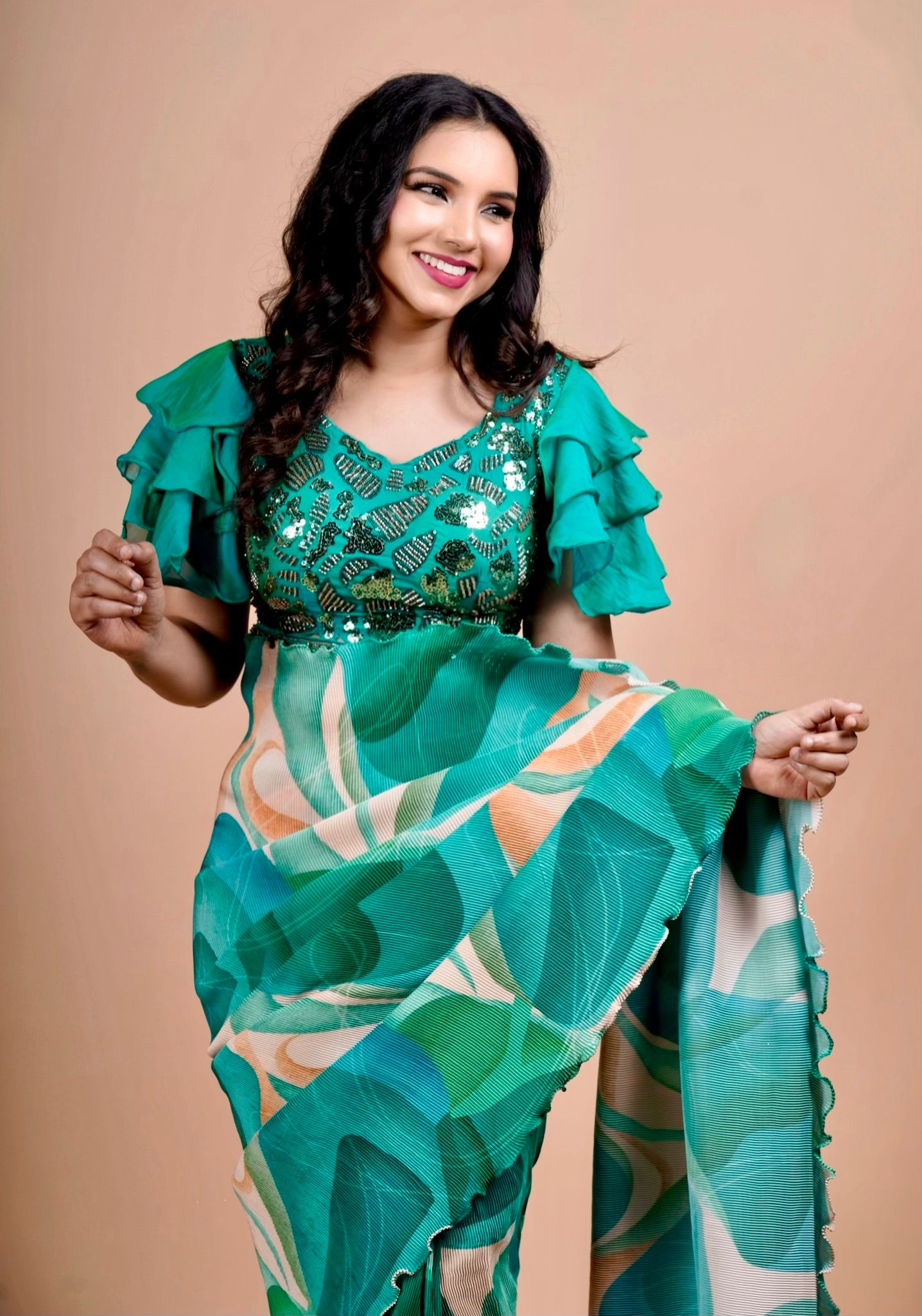 Tropical Bloom Green Printed Ready-to-Wear Saree with Sequin Ruffle Sleeve Blouse