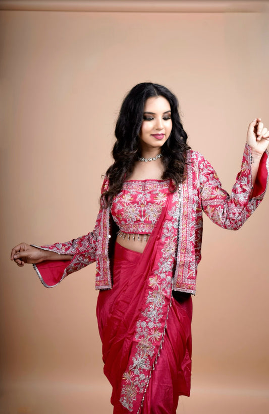 Designer Embroidered Ready-to-Wear Saree with Statement Jacket ( Koti )