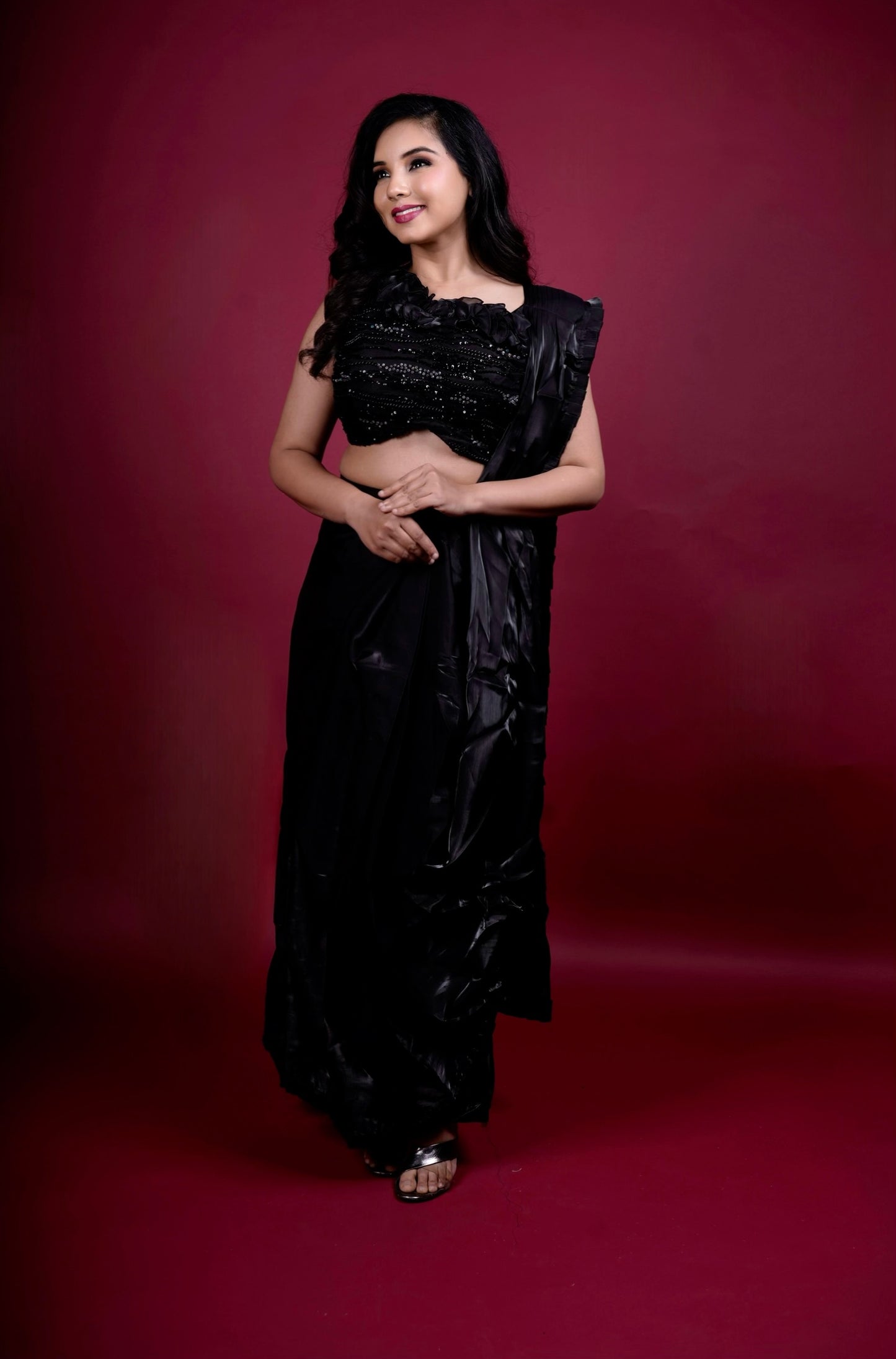 Designer Pre-Draped Jimmy Choo Saree with Embellished Blouse (sleeves attached)