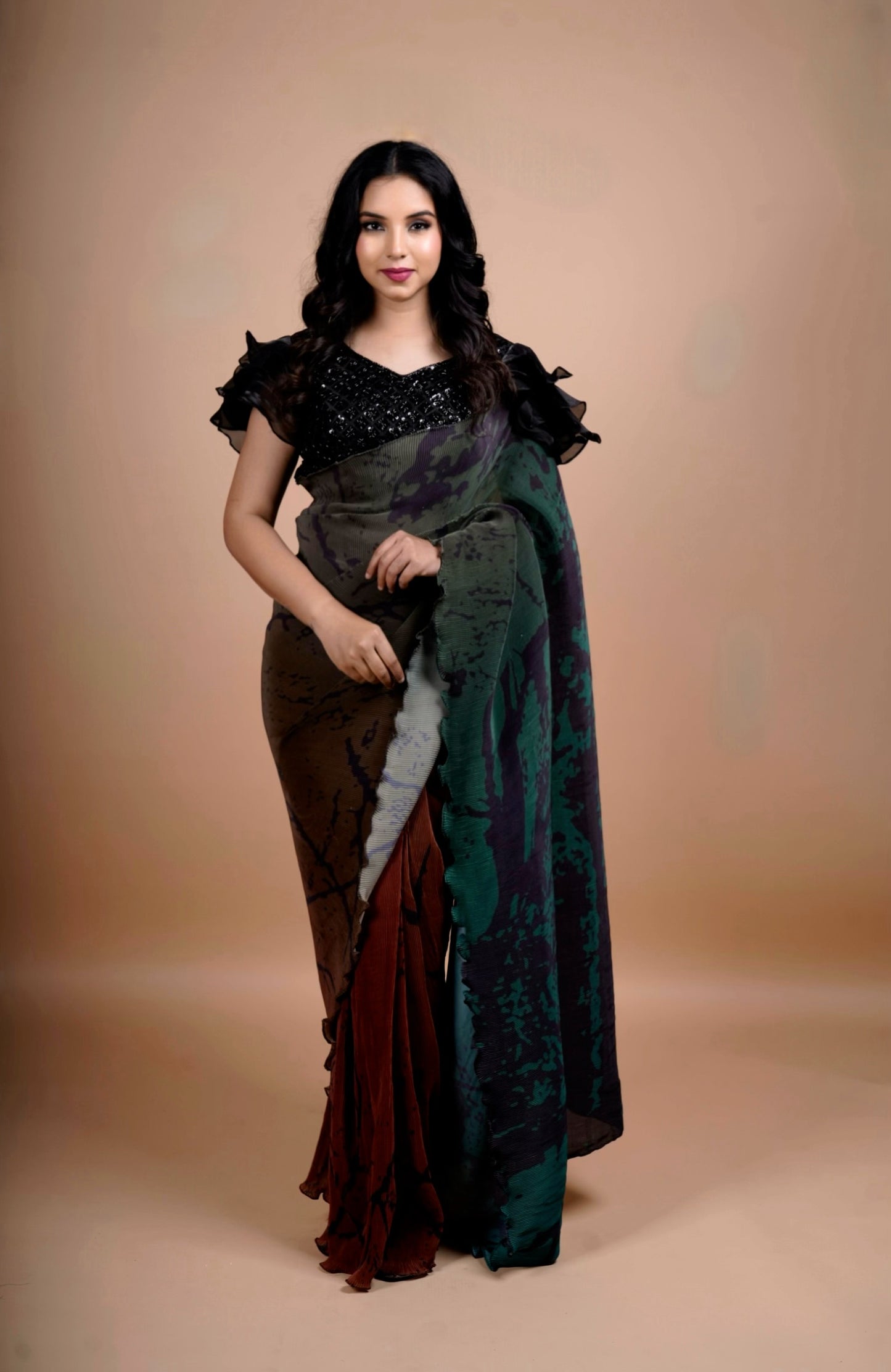 Midnight Forest Abstract Ready-to-Wear Saree with Black Sequin Blouse