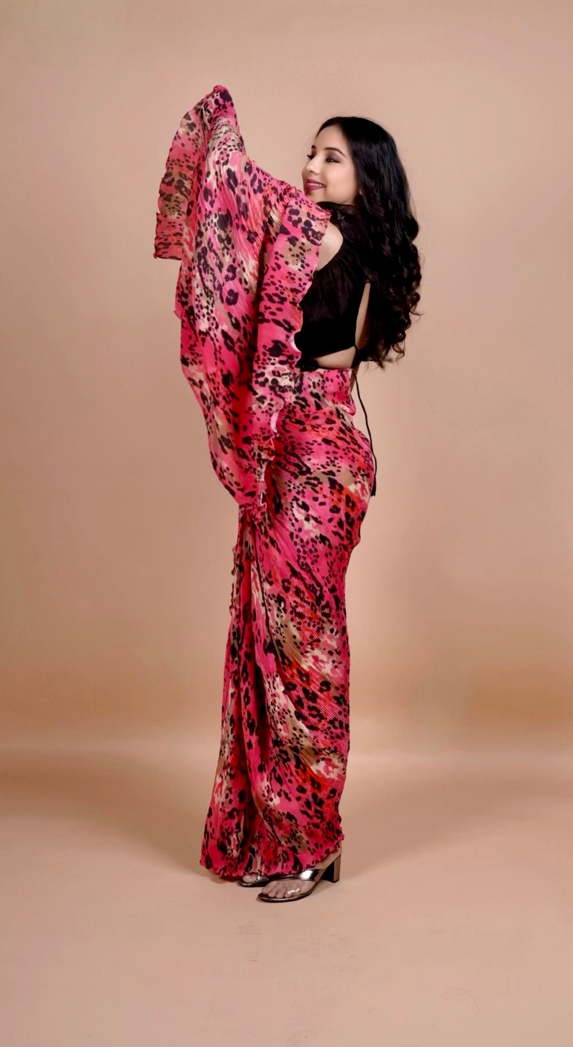 Fierce Fuchsia Animal Print Ready-to-Wear Saree with Ruffled Sequin Blouse