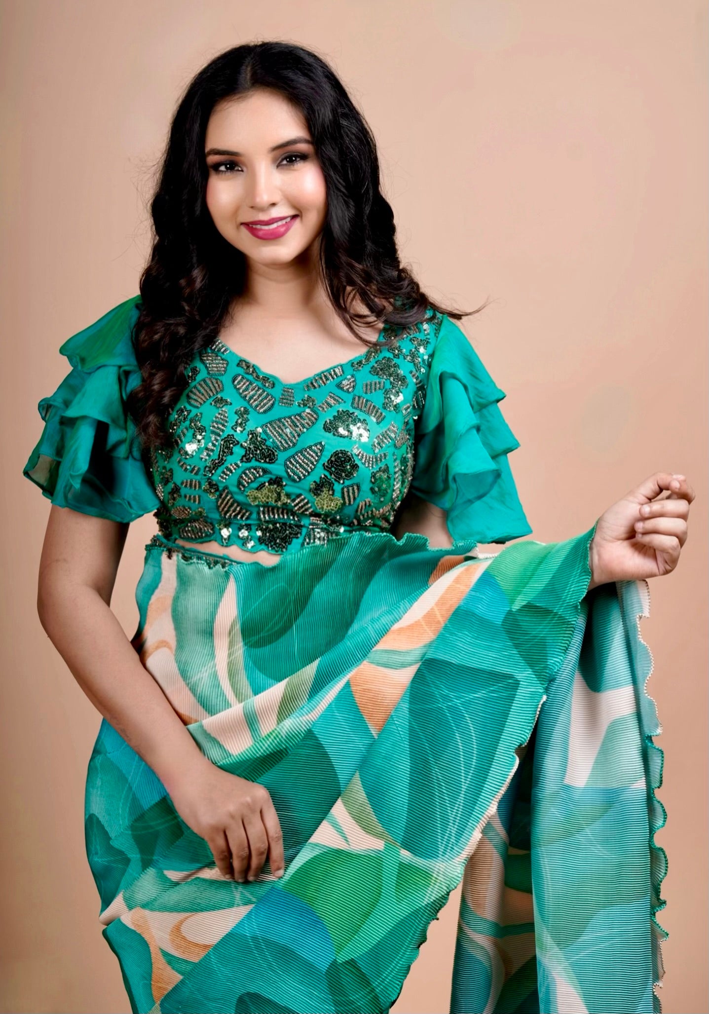 Tropical Bloom Green Printed Ready-to-Wear Saree with Sequin Ruffle Sleeve Blouse