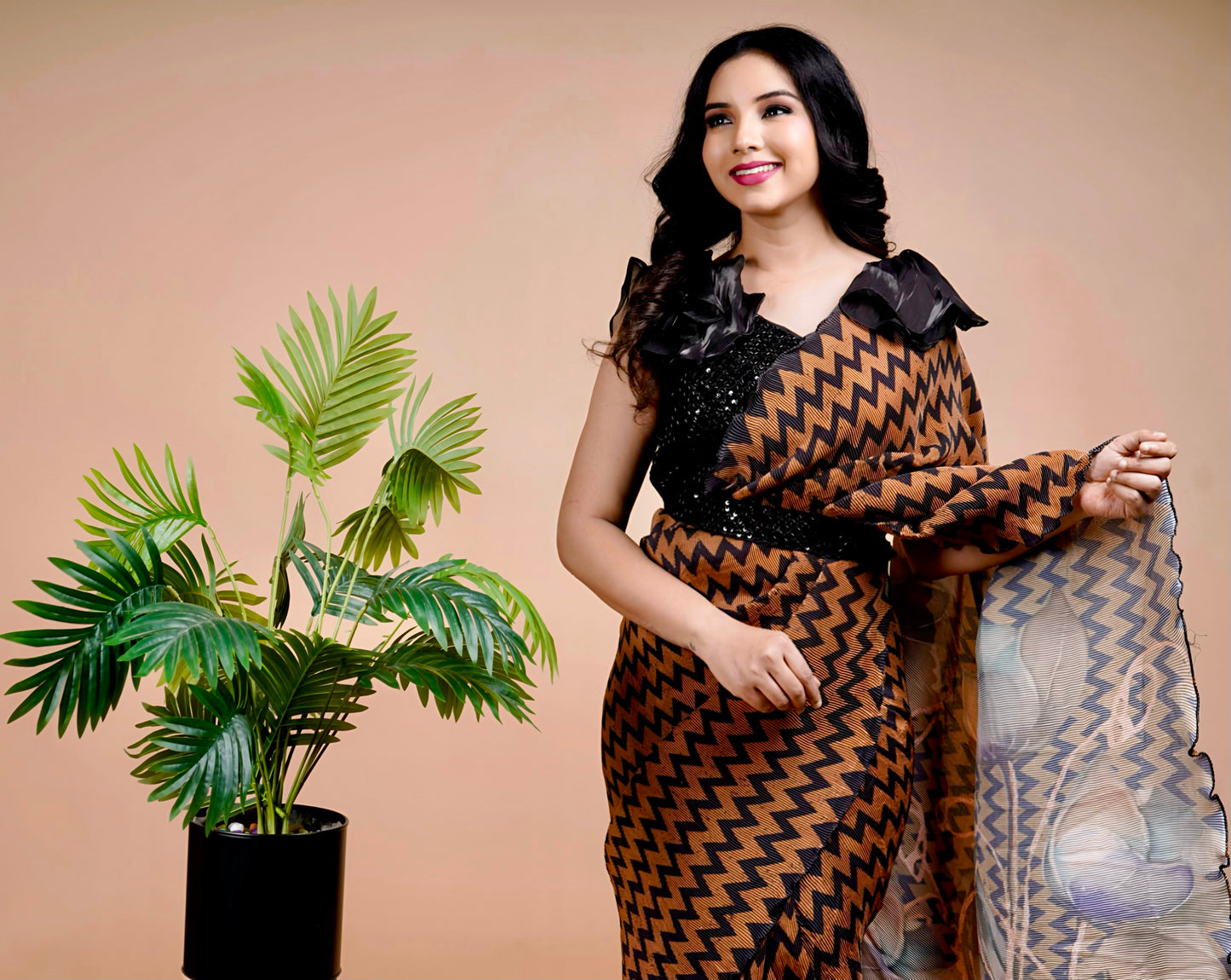 Chevron Chic Brown & Black Georgette Ready-to-Wear Saree with Designer Blouse