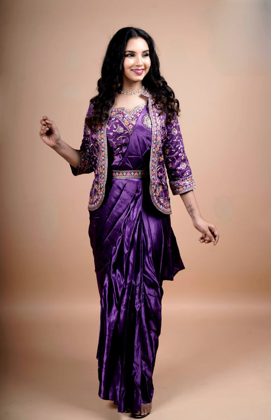 Designer Embroidered Ready-to-Wear Saree with Jacket – Glam Fusion Look