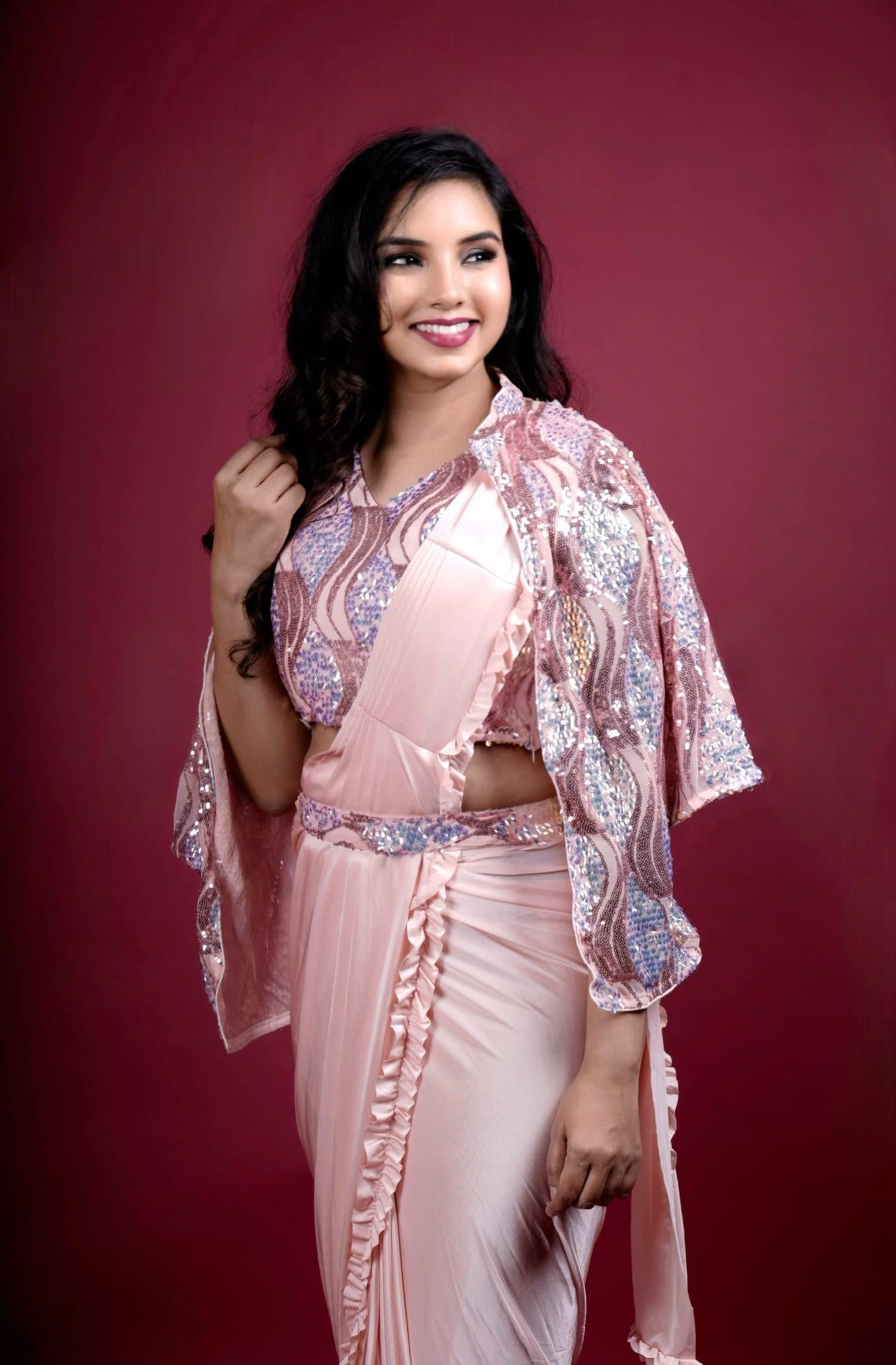 Blush Pink Ruffle Pre-Stitched Saree with Sequin Jacket