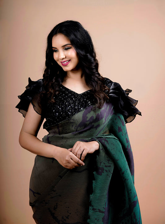 Midnight Forest Abstract Ready-to-Wear Saree with Black Sequin Blouse