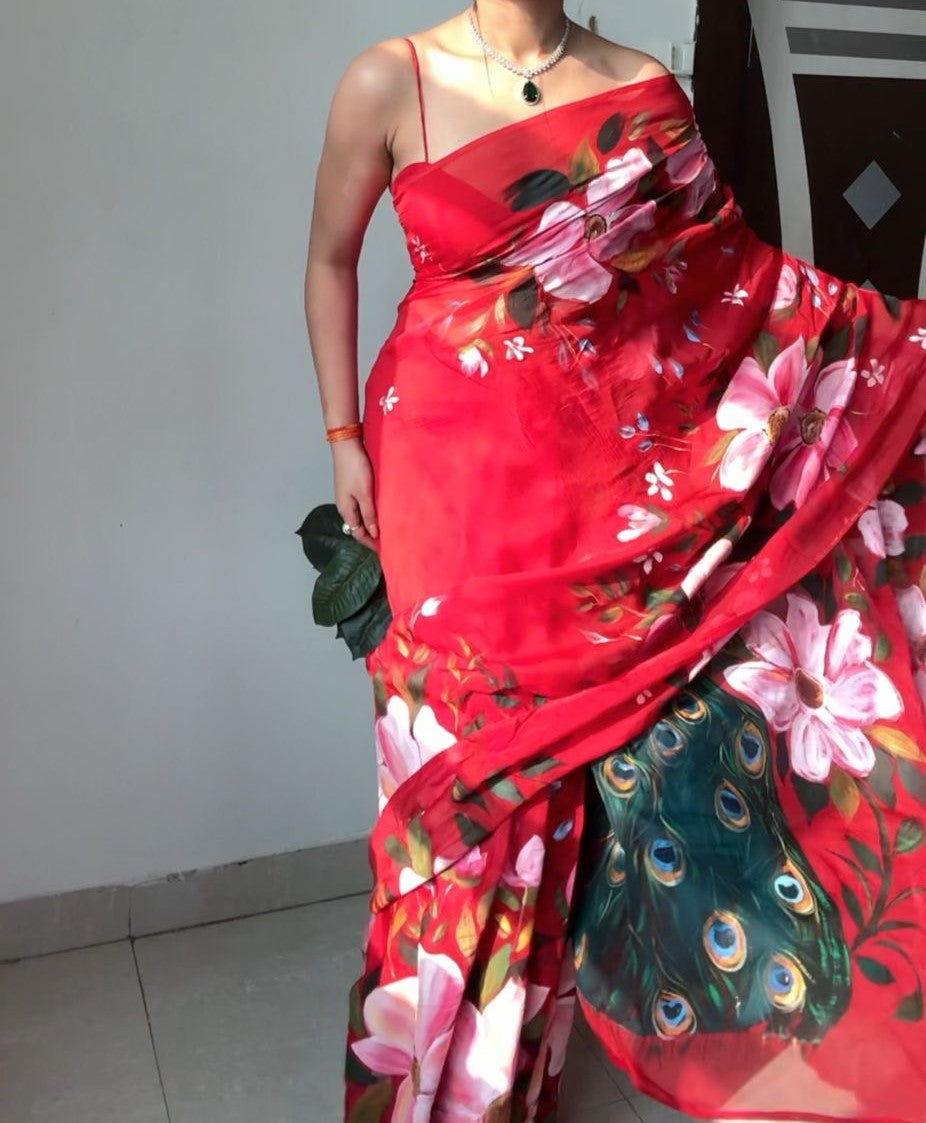 Scarlet Bloom Designer Printed Ready-to-Wear Saree