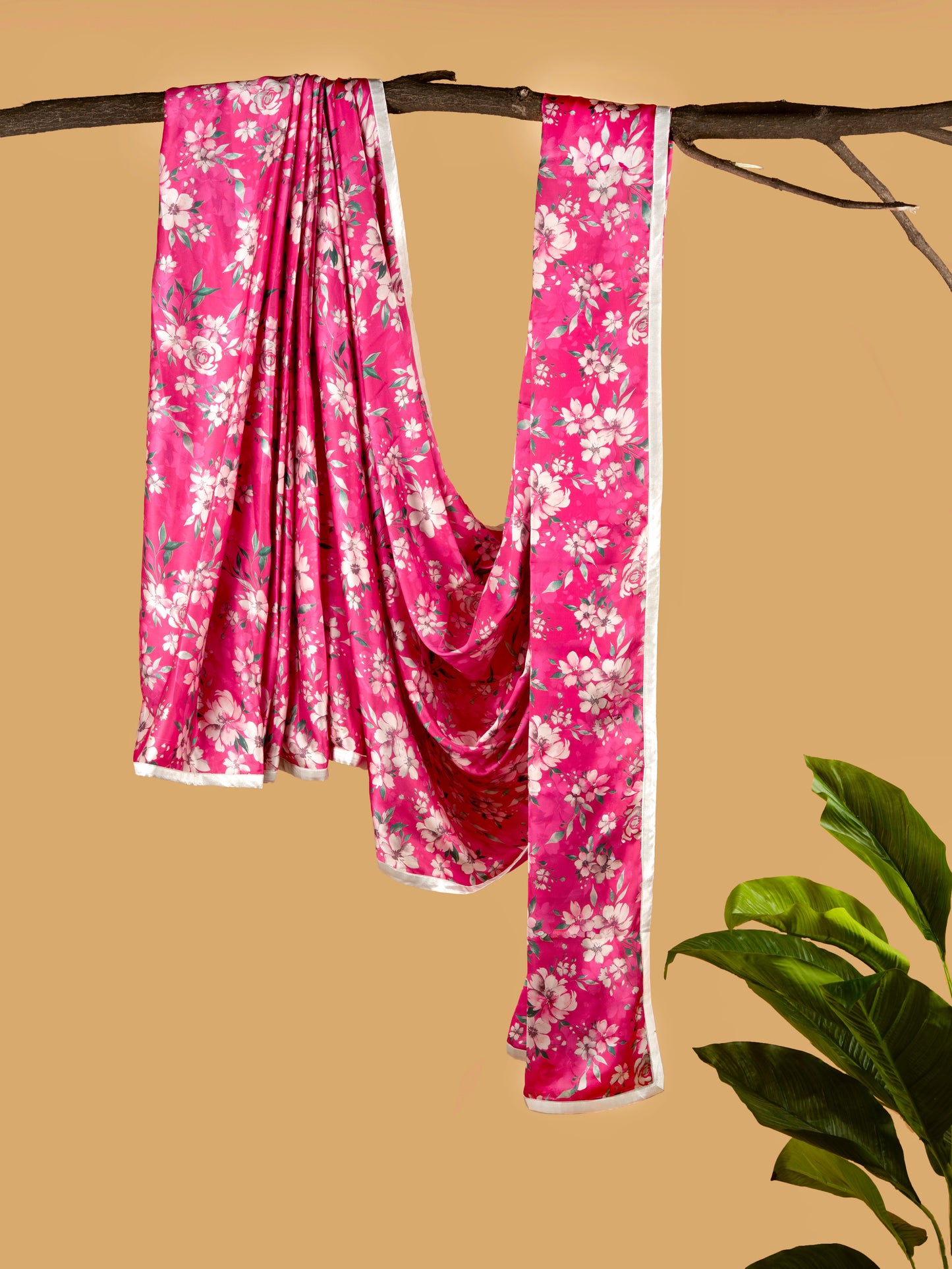 Exotic Pink and White Floral Pattern with White Border READY TO WEAR Satin Saree