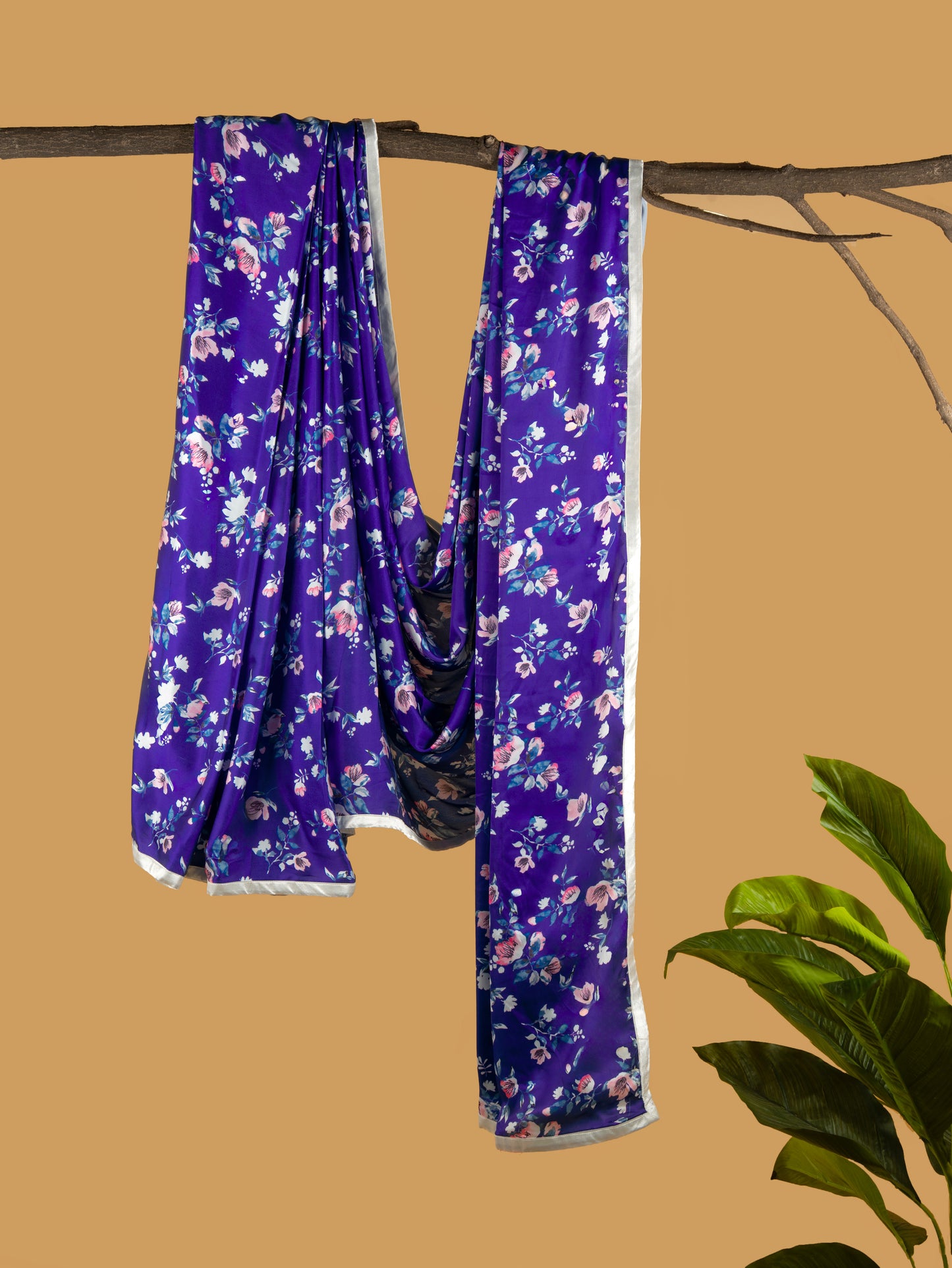 Royal Blue and White Floral Pattern with White Border READY TO WEAR Satin Saree