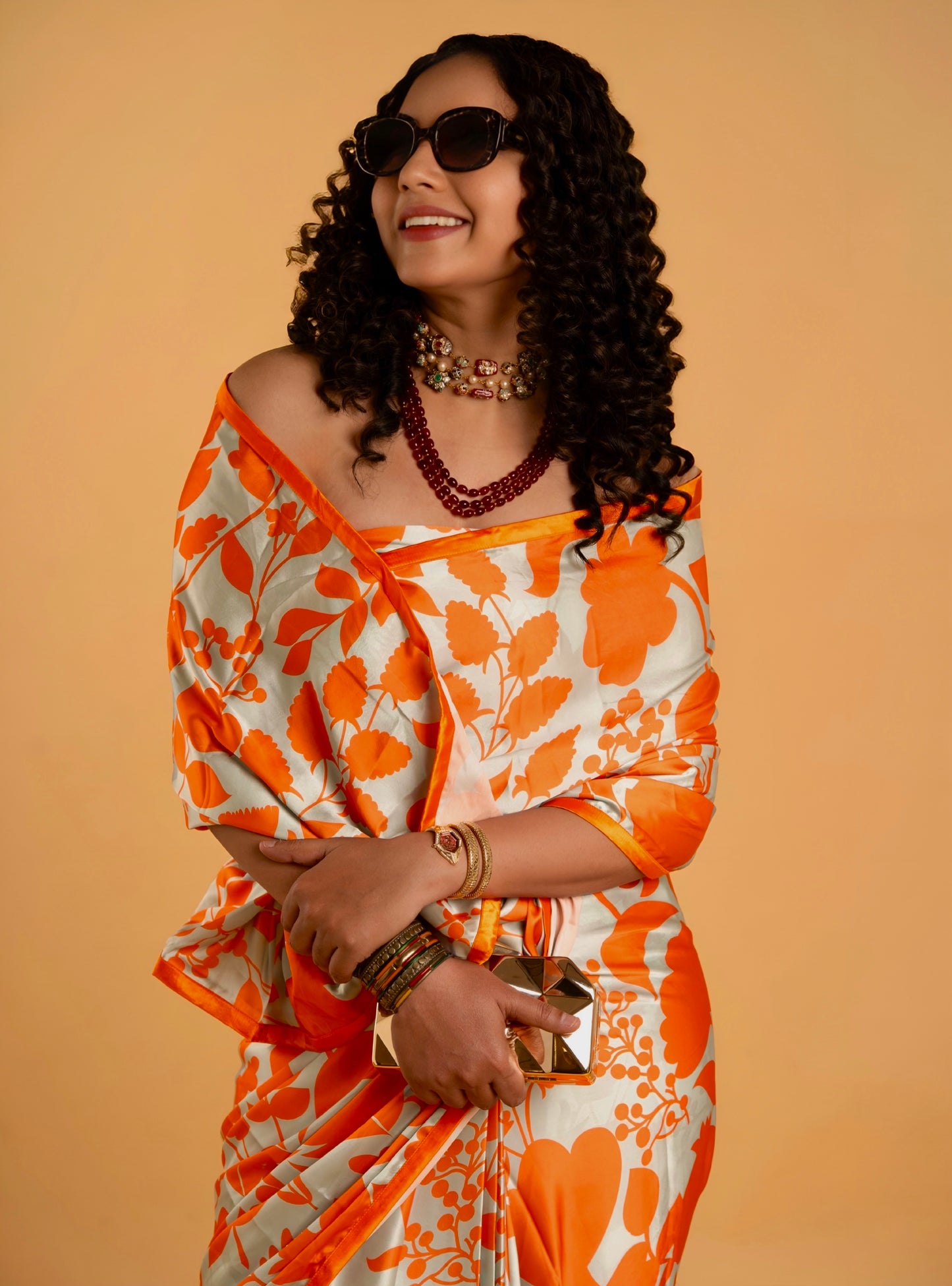 Stone Blue And Cider Orange Floral Pattern with Orange Border READY TO WEAR Satin Saree