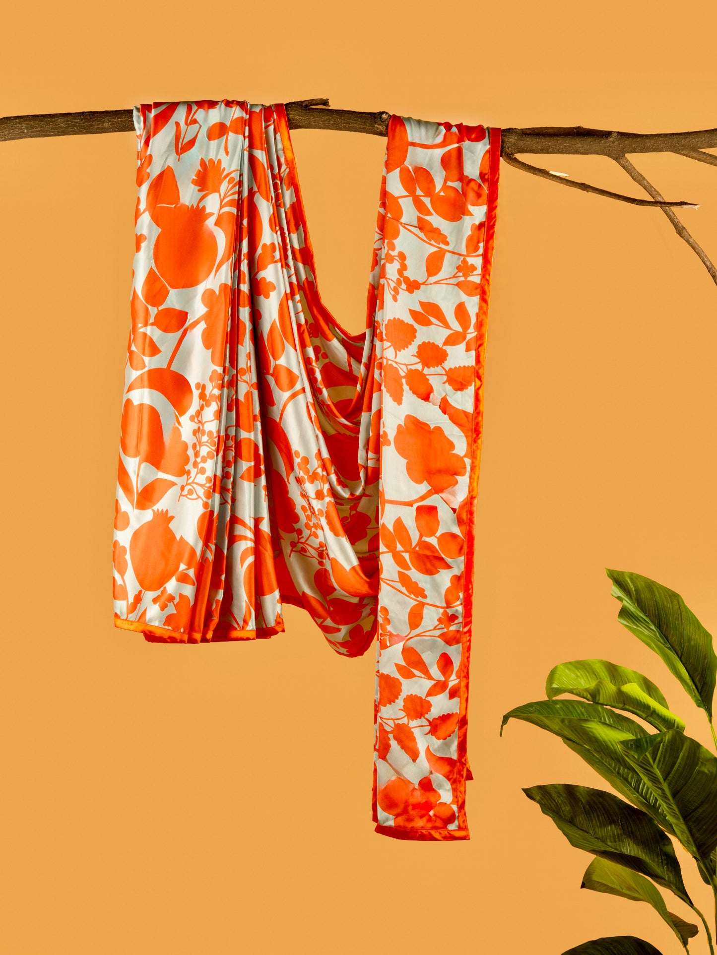 Stone Blue And Cider Orange Floral Pattern with Orange Border READY TO WEAR Satin Saree