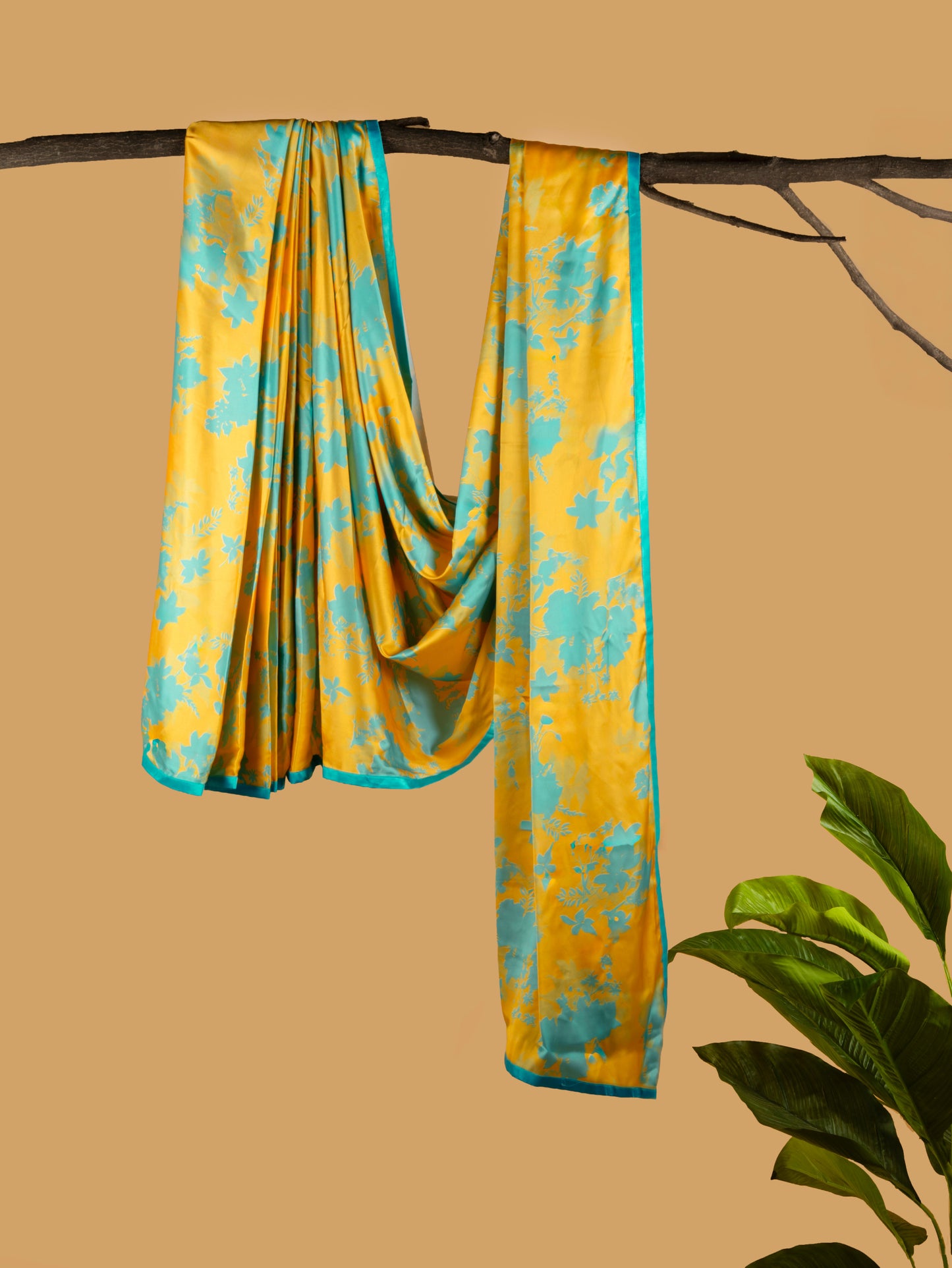 Yellow and Blue Floral Pattern with Blue Border READY TO WEAR Satin Saree