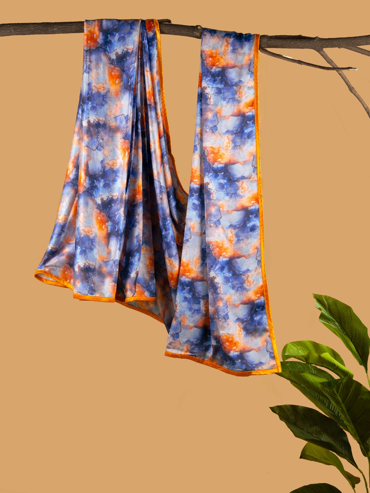 Blue Tye And Dye Pattern with Orange Border READY TO WEAR Satin Saree
